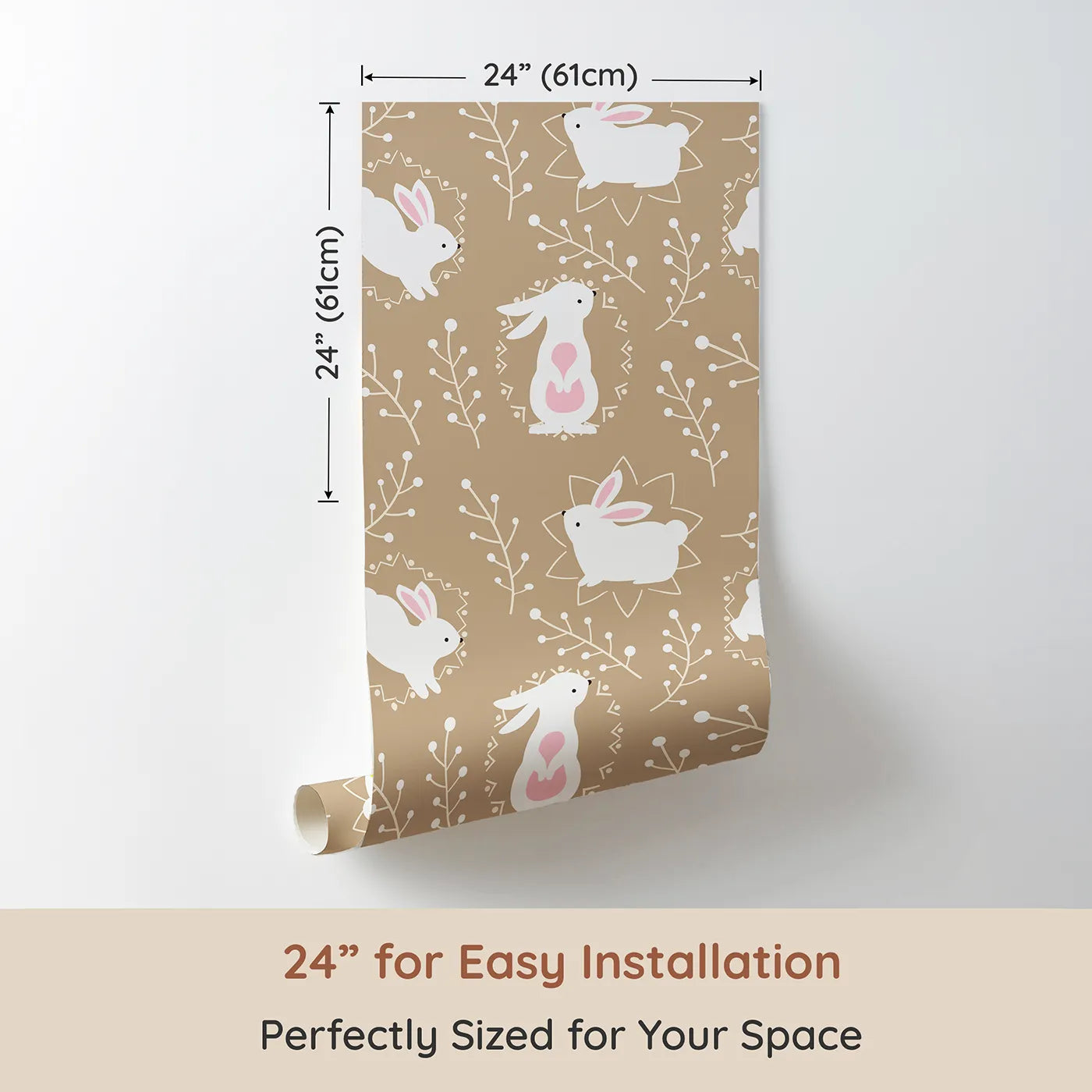 Dimension view of Whimsy Tots Tribal Bunny Sprigs Wallpaper in Taupe Beige (W3075B). Printed in 24-inch-wide panel for easy installation. White bunnies and tribal patterns nestle among creamy taupe sprigs.