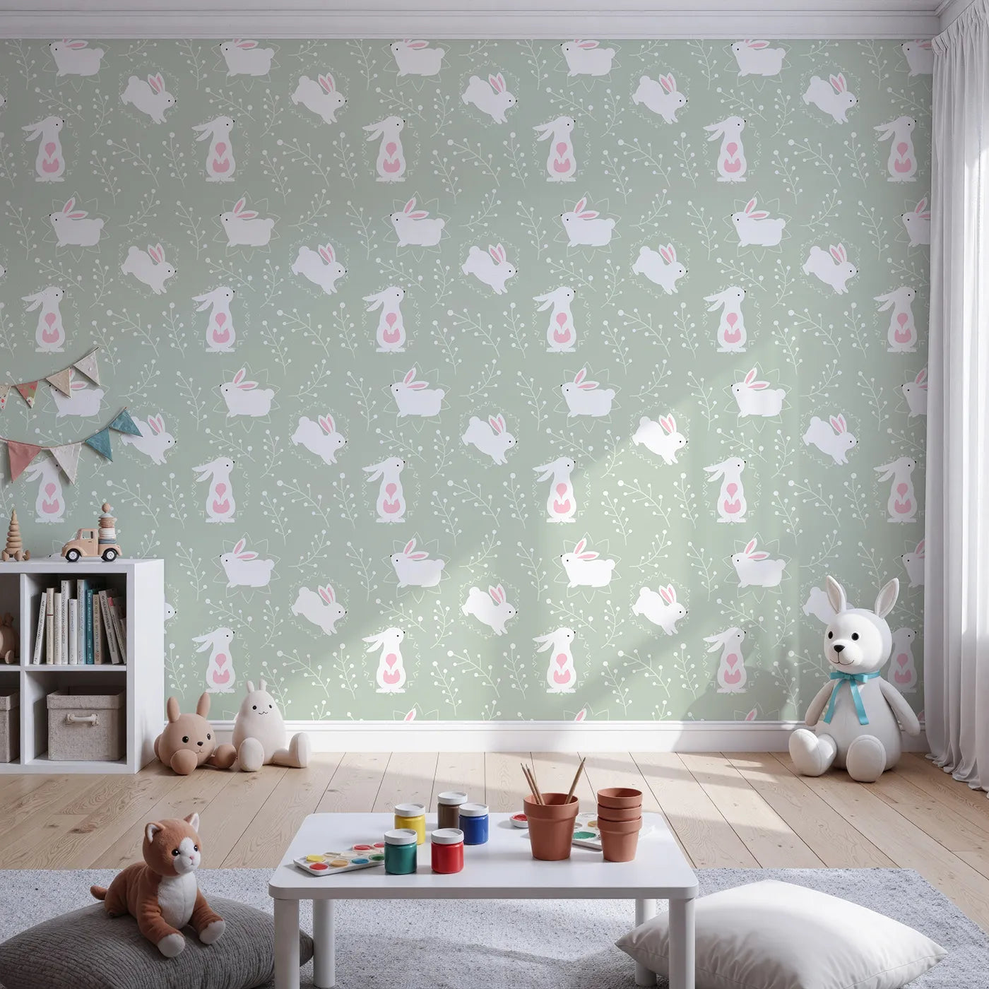 Front view of Whimsy Tots' Tribal Bunny Sprigs Wallpaper in Sage Green