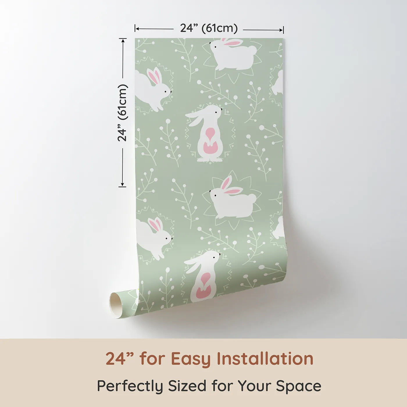 Dimension view of Whimsy Tots Tribal Bunny Sprigs Wallpaper in Sage Green (W3075C). Printed in 24-inch-wide panel for easy installation. White bunnies with soft tribal touches frolic through a peaceful sage green field.
