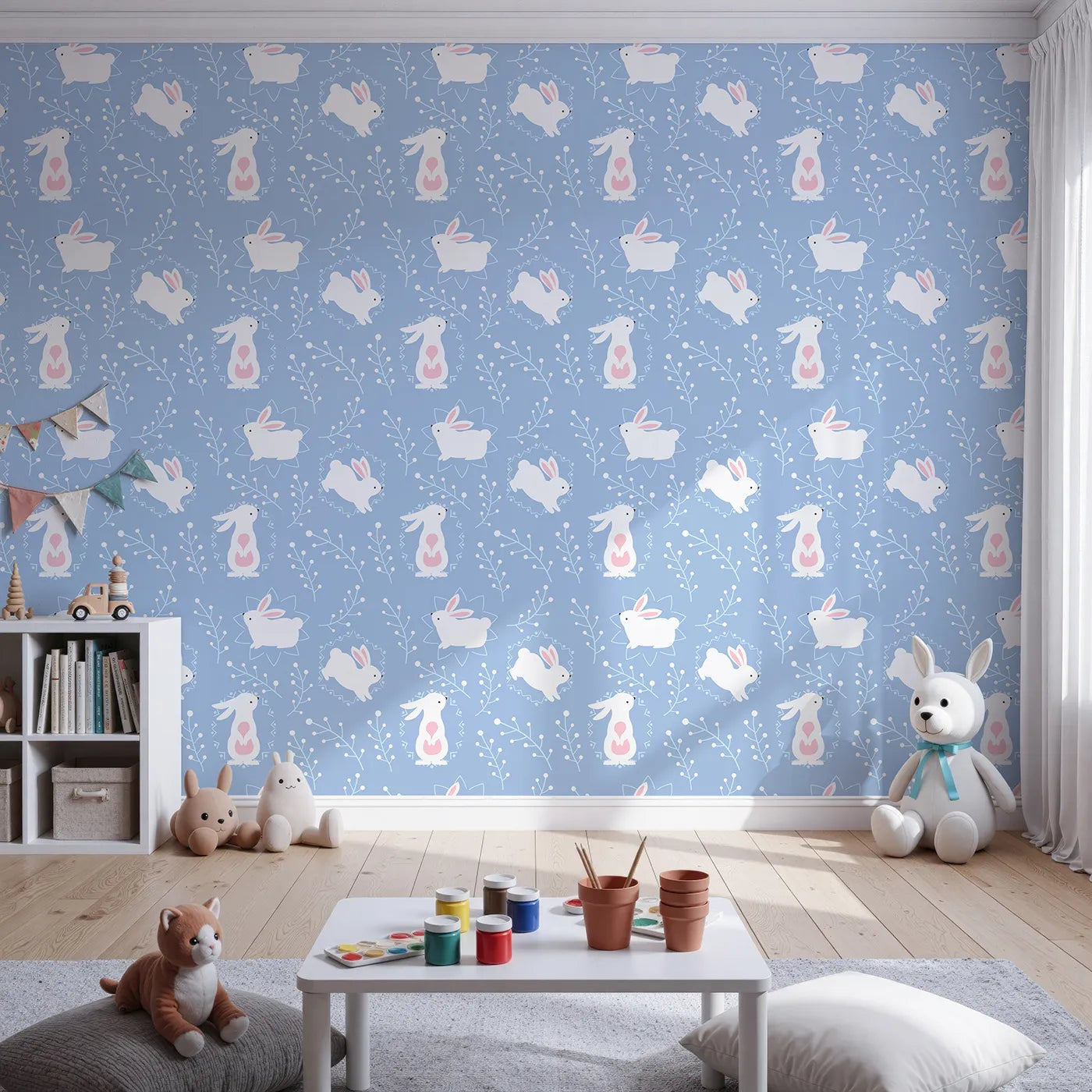 Front view of Whimsy Tots' Tribal Bunny Sprigs Wallpaper in Sky Blue