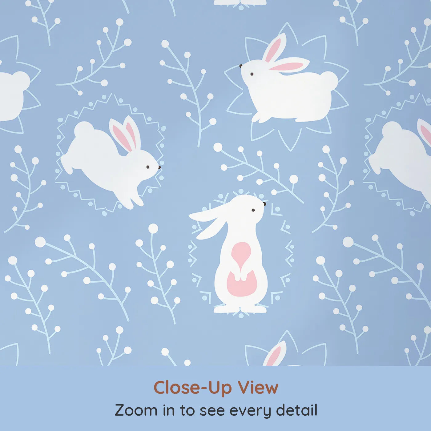 Close-up view of Whimsy Tots' Tribal Bunny Sprigs Wallpaper in Sky Blue (W3075D).White rabbits hop across blue skies framed by tribal shapes and forest sprigs.