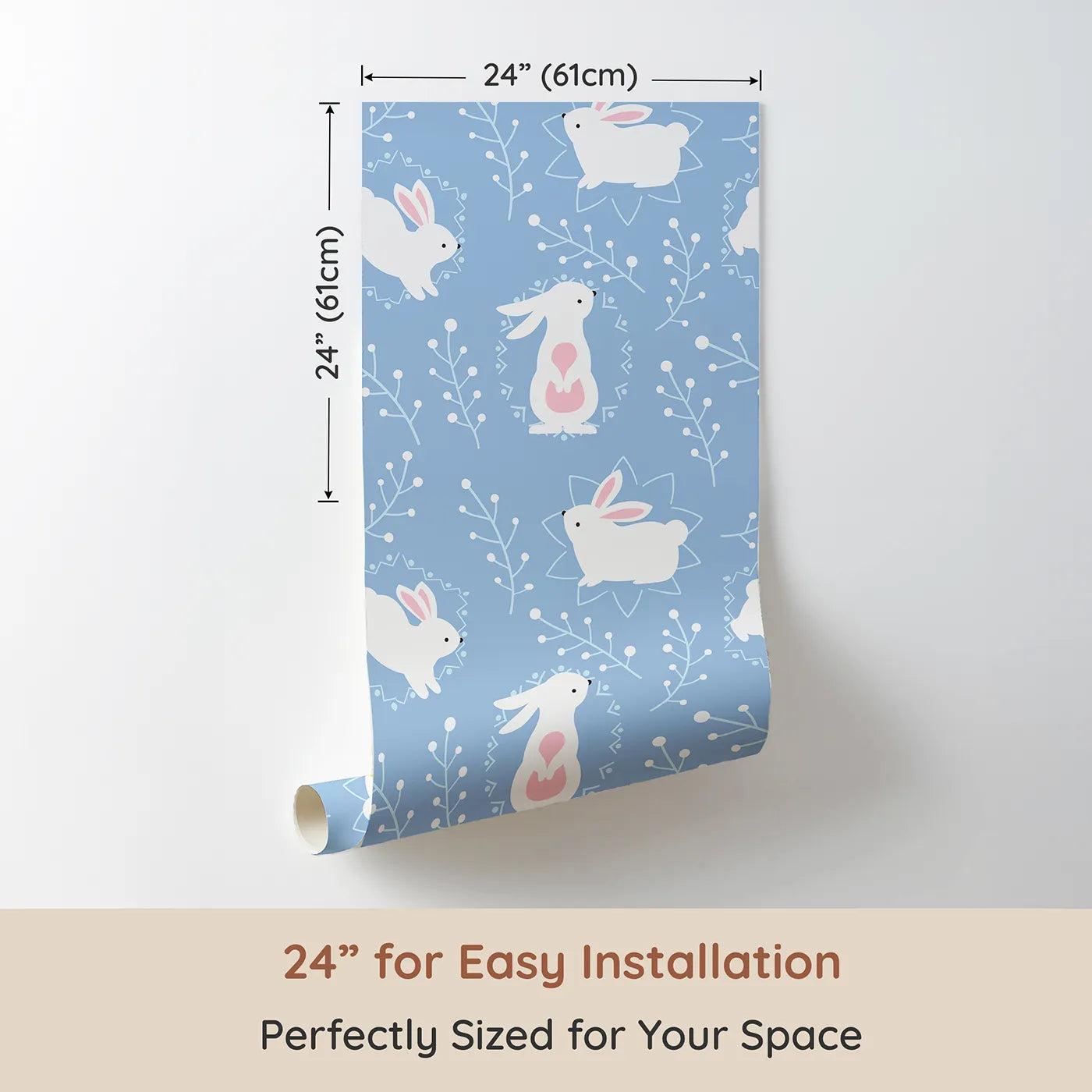 Dimension view of Whimsy Tots Tribal Bunny Sprigs Wallpaper in Sky Blue (W3075D). Printed in 24-inch-wide panel for easy installation. White rabbits hop across blue skies framed by tribal shapes and forest sprigs.