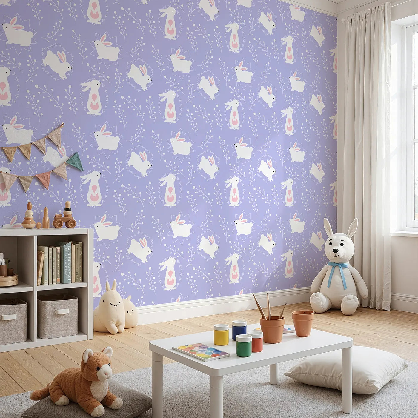 Angled view of Whimsy Tots' Tribal Bunny Sprigs Wallpaper in Lavender (W3075E).White bunnies and soft tribal sprigs drift across lavender skies.