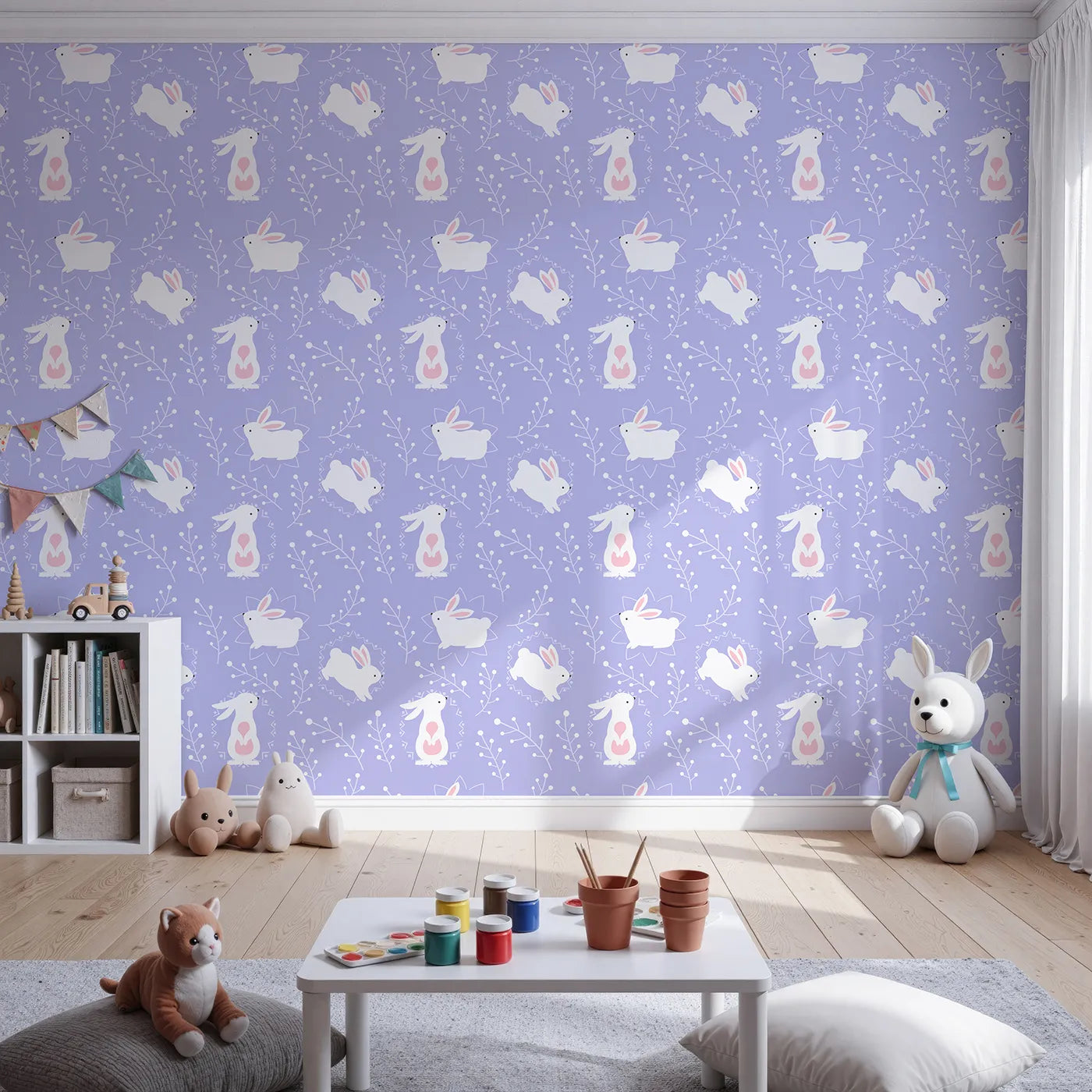 Front view of Whimsy Tots' Tribal Bunny Sprigs Wallpaper in Lavender