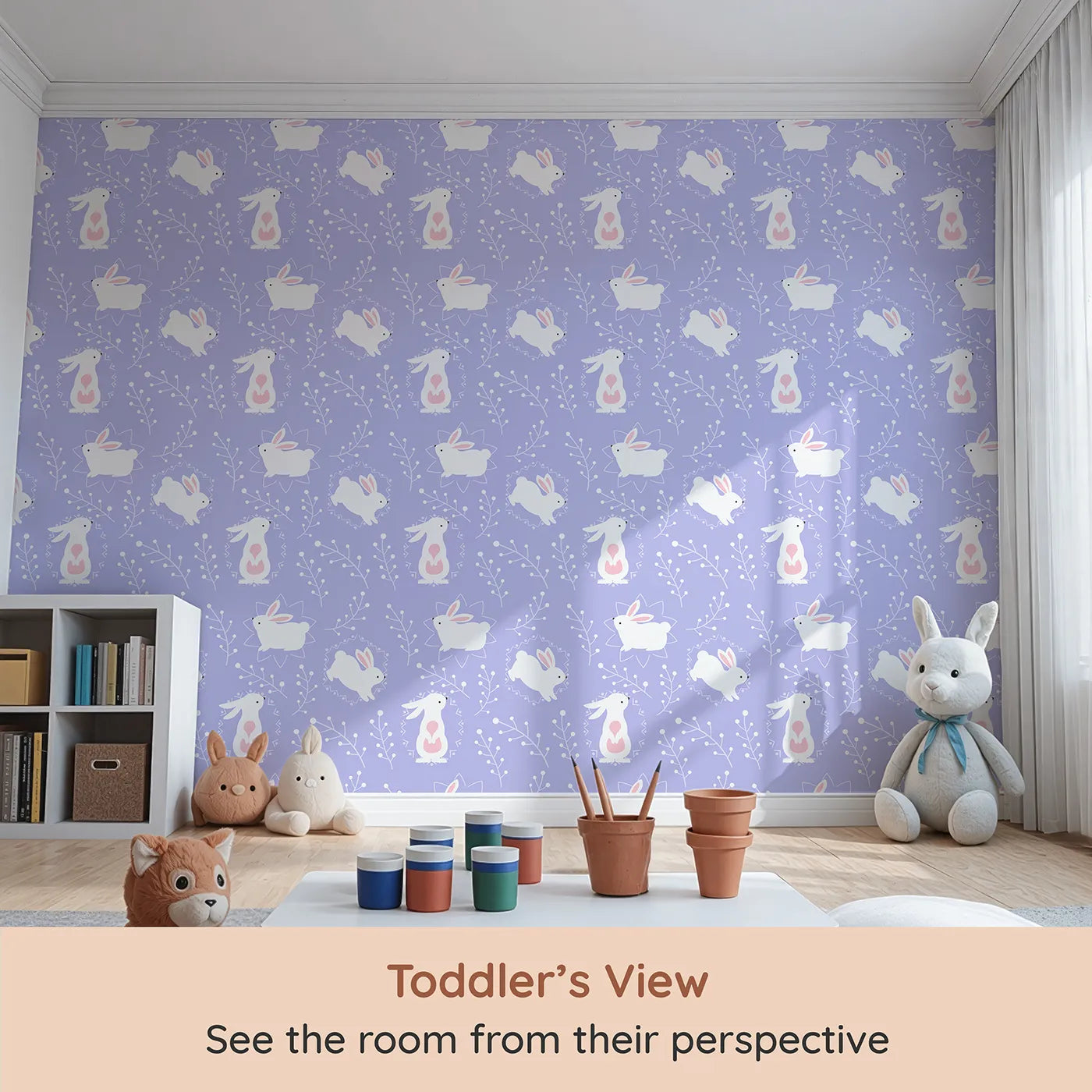 Whimsy Tots Tribal Bunny Sprigs Wallpaper in Lavender (W3075E) from your child's view.White bunnies and soft tribal sprigs drift across lavender skies.