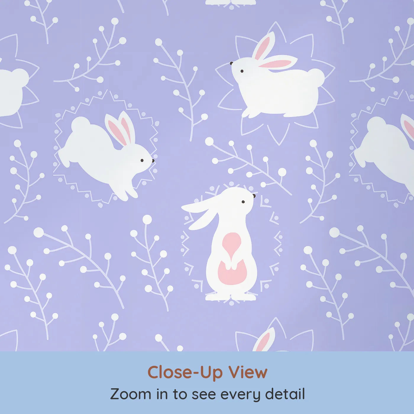 Close-up view of Whimsy Tots' Tribal Bunny Sprigs Wallpaper in Lavender (W3075E).White bunnies and soft tribal sprigs drift across lavender skies.
