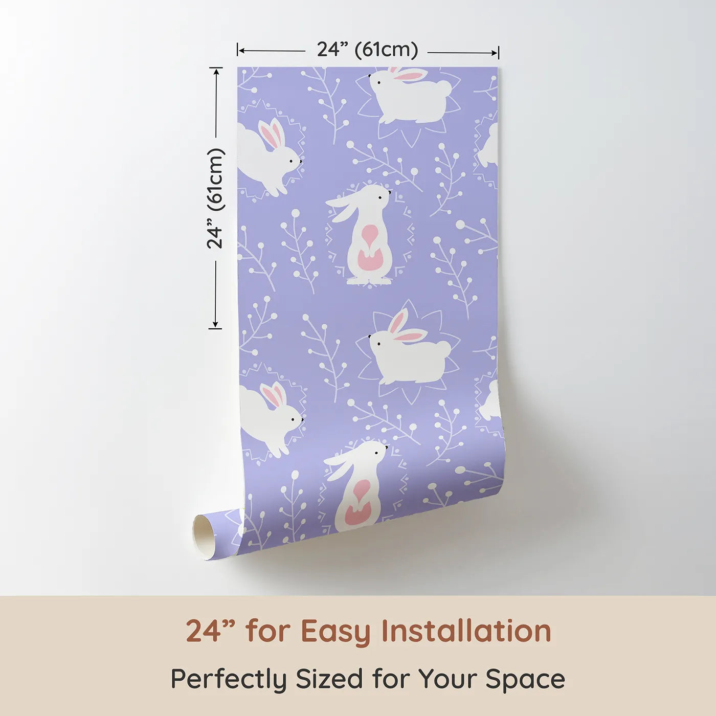 Dimension view of Whimsy Tots Tribal Bunny Sprigs Wallpaper in Lavender (W3075E). Printed in 24-inch-wide panel for easy installation. White bunnies and soft tribal sprigs drift across lavender skies.