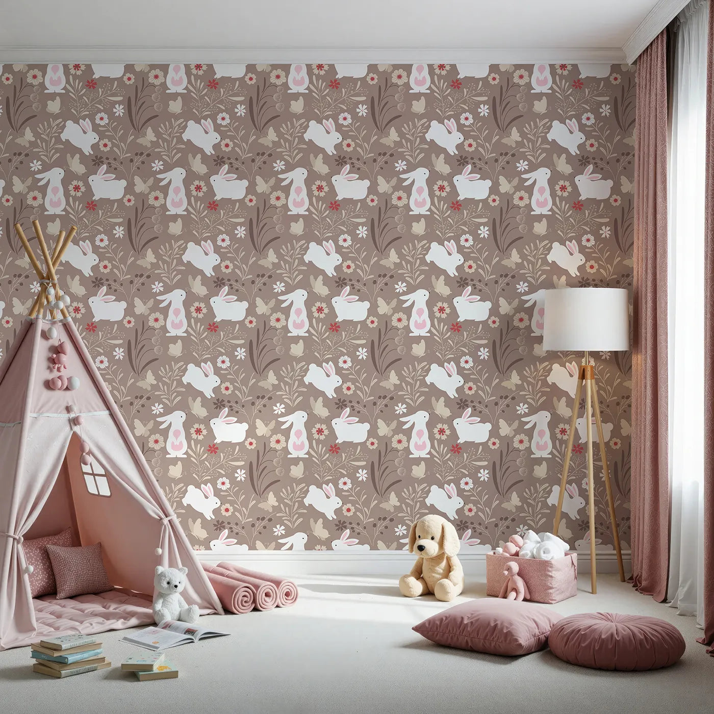 Front view of Whimsy Tots' Wild Meadow Bunny Garden Wallpaper in Cocoa