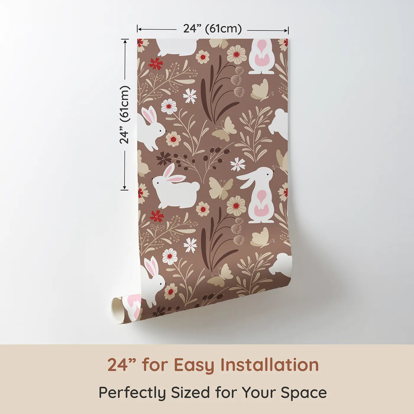 Dimension view of Whimsy Tots Wild Meadow Bunny Garden Wallpaper in Cocoa (W3076). Printed in 24-inch-wide panel for easy installation. White bunnies and fluttering butterflies explore a cocoa-colored woodland bloom.