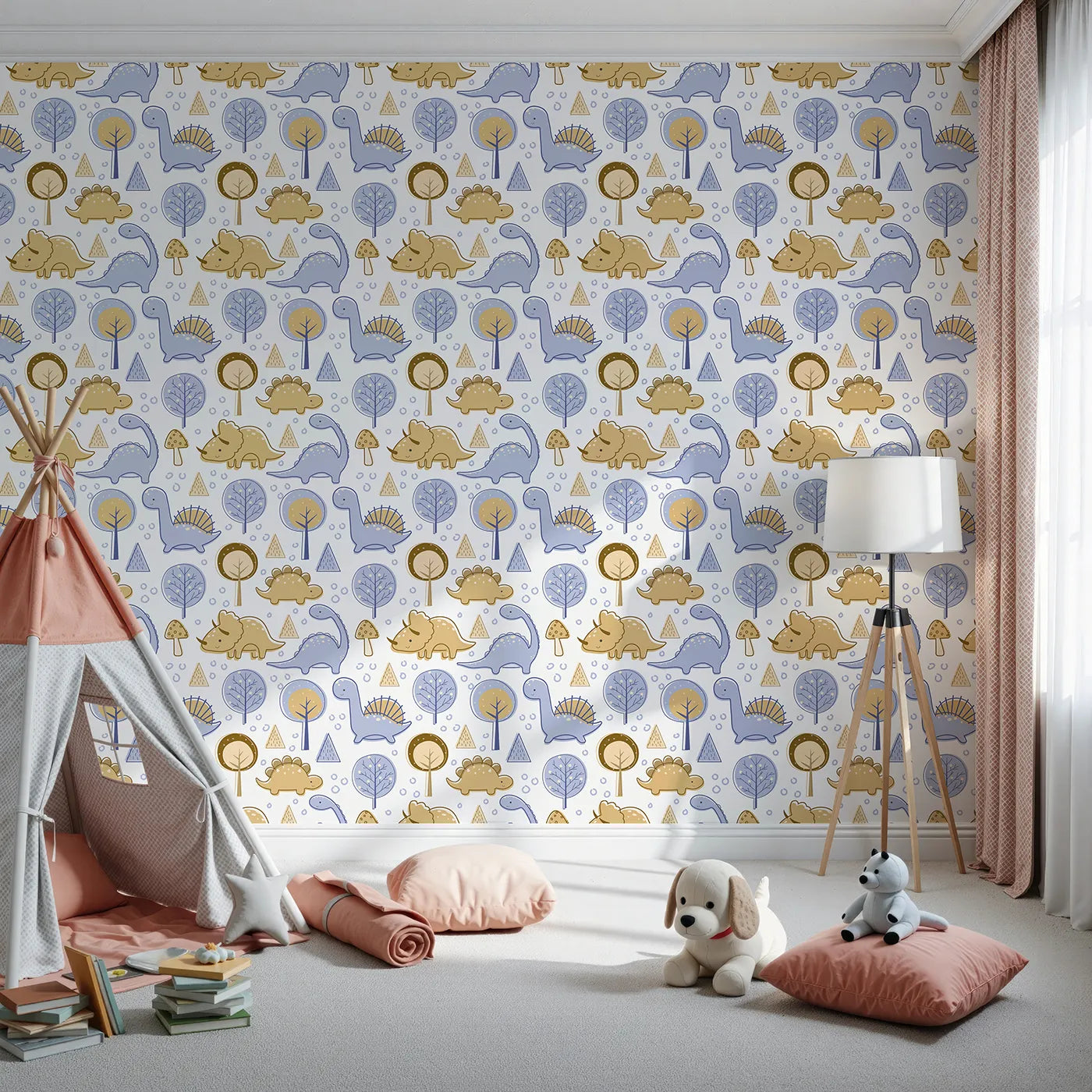 Front view of Whimsy Tots' Jurassic Forest Friends Wallpaper in White