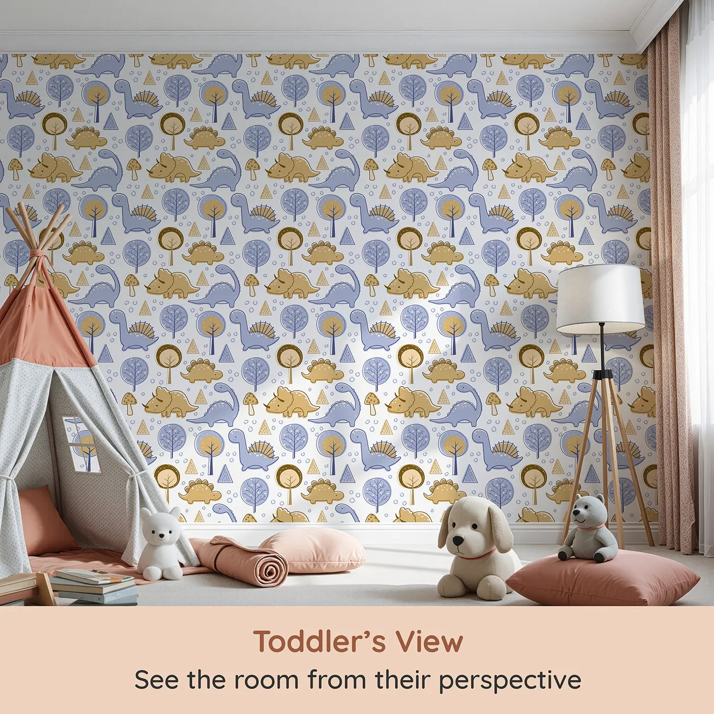 Whimsy Tots Jurassic Forest Friends Wallpaper in White (W3077A) from your child's view.Cheerful dinos stroll through whimsical trees and prehistoric shapes.