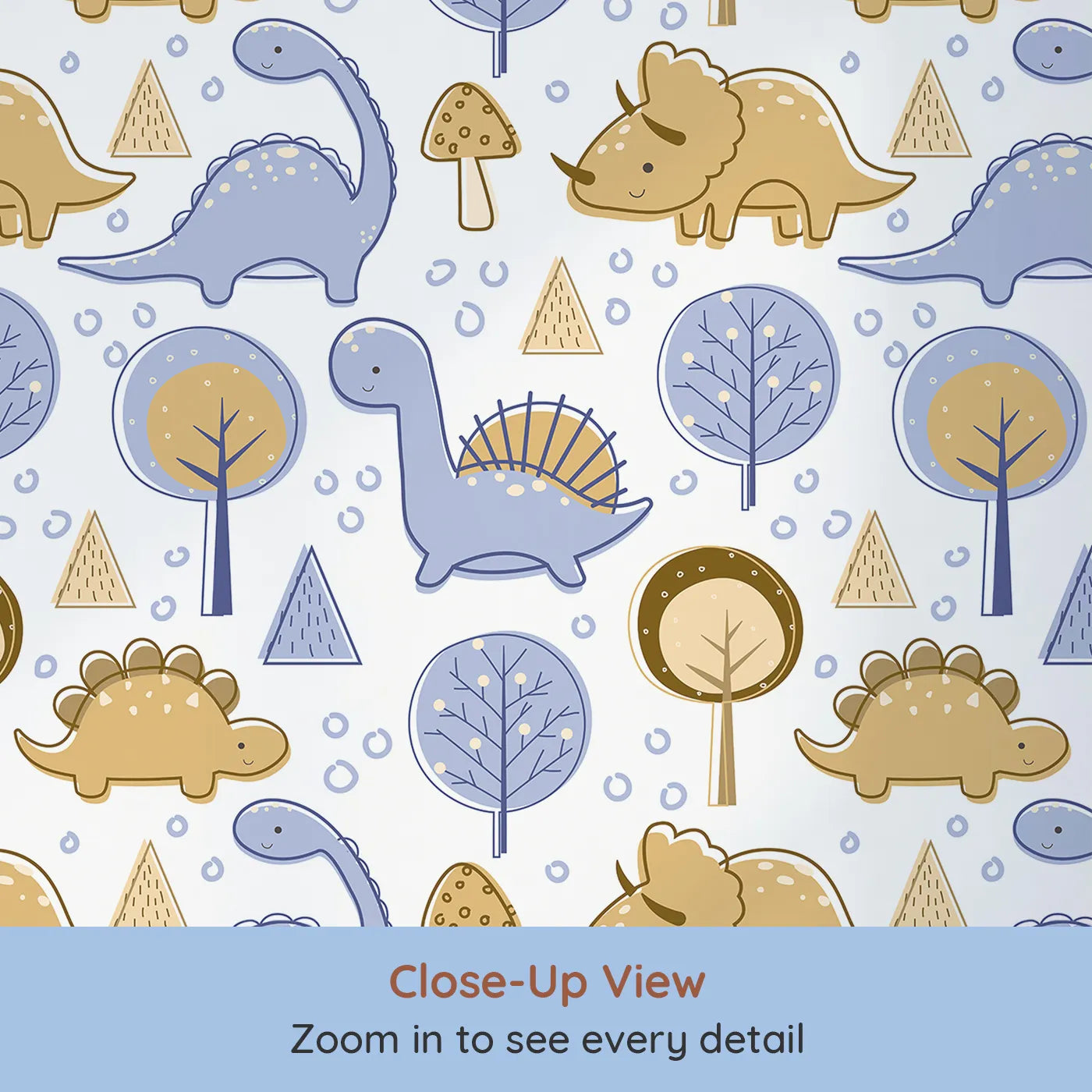 Close-up view of Whimsy Tots' Jurassic Forest Friends Wallpaper in White (W3077A).Cheerful dinos stroll through whimsical trees and prehistoric shapes.