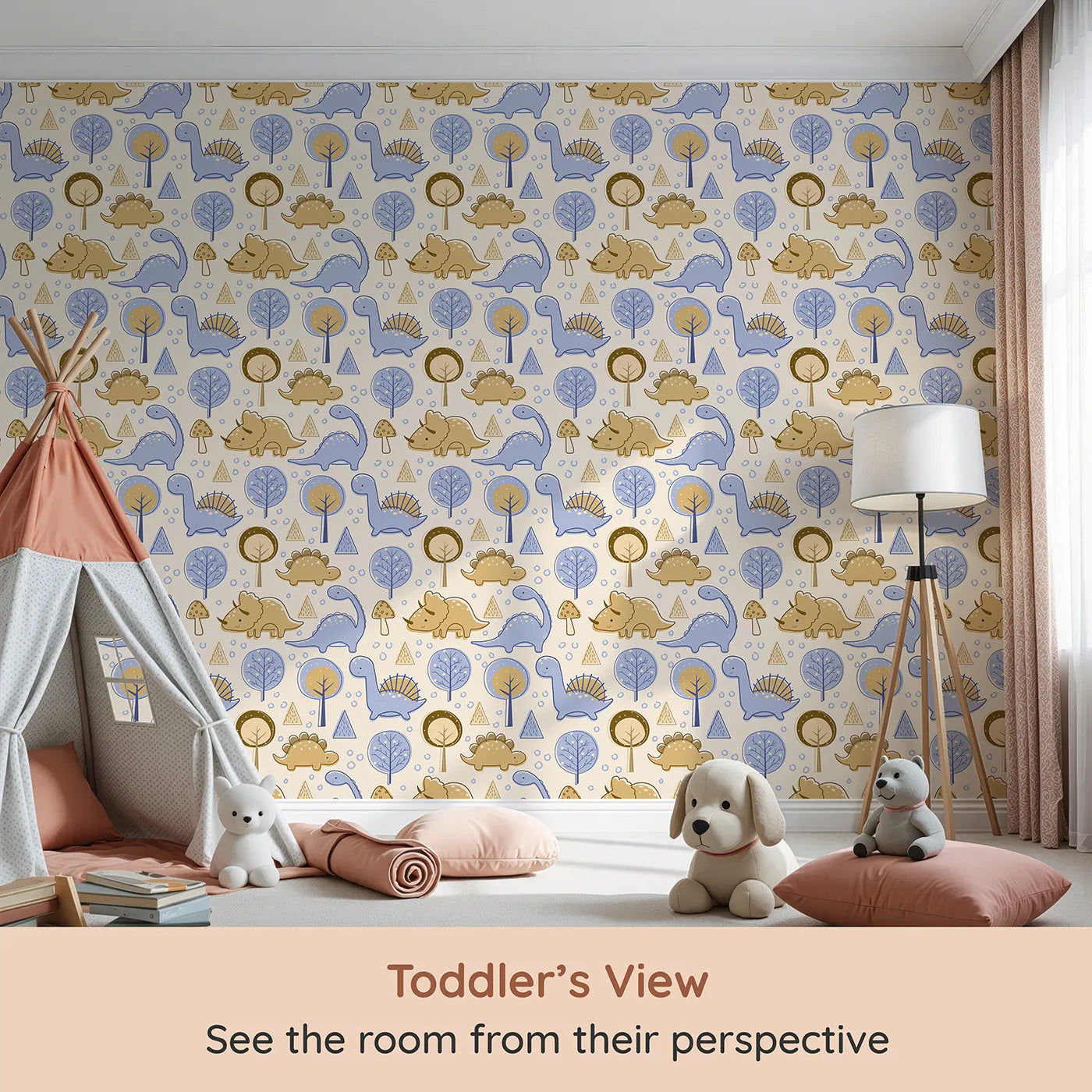 Whimsy Tots Jurassic Forest Friends Wallpaper in Cream (W3077B) from your child's view.Friendly dinos and forest shapes wander a creamy wonderland.