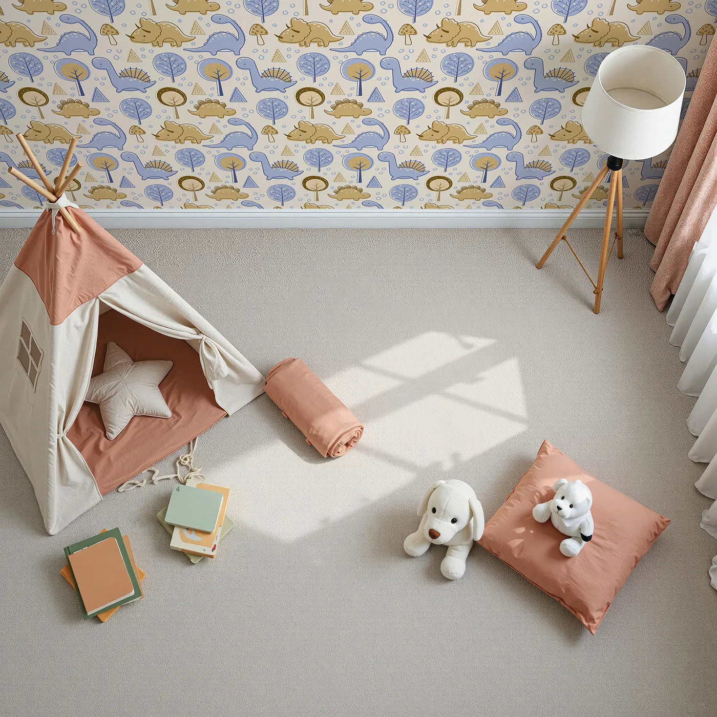 Top-Down view of Whimsy Tots' Jurassic Forest Friends Wallpaper in Cream (W3077B).Friendly dinos and forest shapes wander a creamy wonderland.