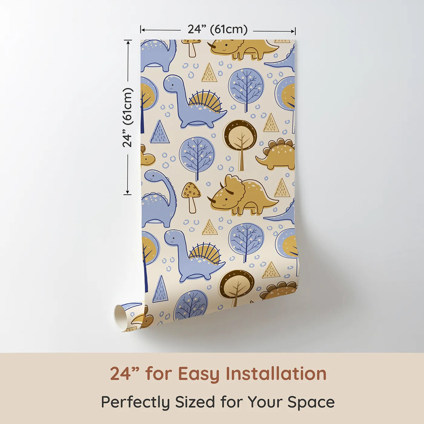 Dimension view of Whimsy Tots Jurassic Forest Friends Wallpaper in Cream (W3077B). Printed in 24-inch-wide panel for easy installation. Friendly dinos and forest shapes wander a creamy wonderland.