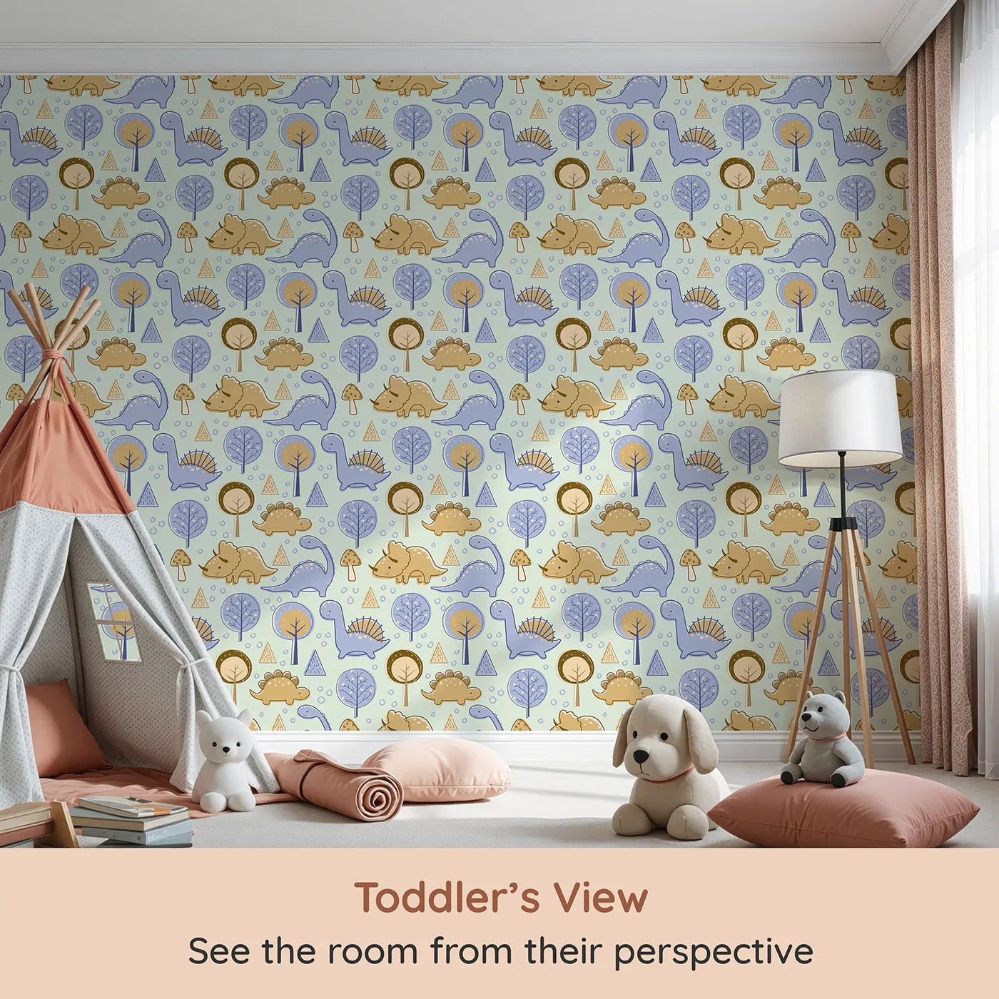 Whimsy Tots Jurassic Forest Friends Wallpaper in Mint Green (W3077C) from your child's view.Smiley dinosaurs explore a minty forest of playful trees and shapes.