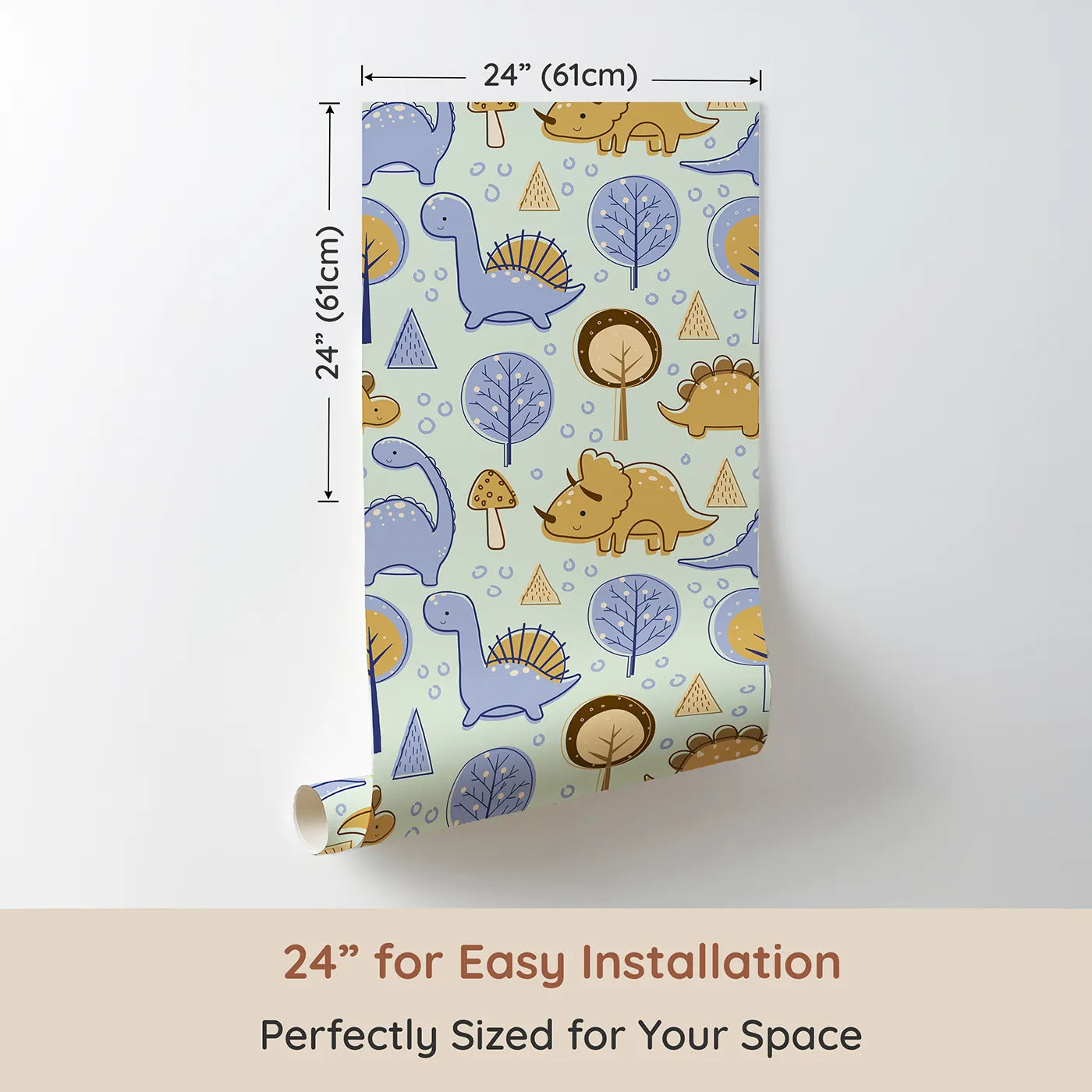 Dimension view of Whimsy Tots Jurassic Forest Friends Wallpaper in Mint Green (W3077C). Printed in 24-inch-wide panel for easy installation. Smiley dinosaurs explore a minty forest of playful trees and shapes.