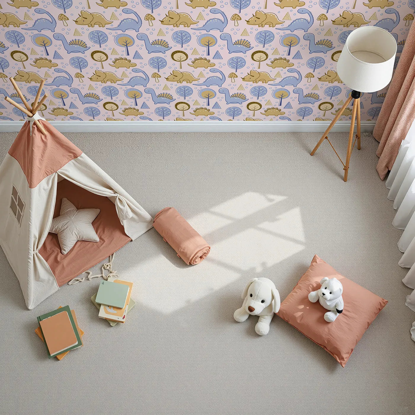 Top-Down view of Whimsy Tots' Jurassic Forest Friends Wallpaper in Blush Pink (W3077D).Cheerful dinos and trees play across a soft blush pink landscape.