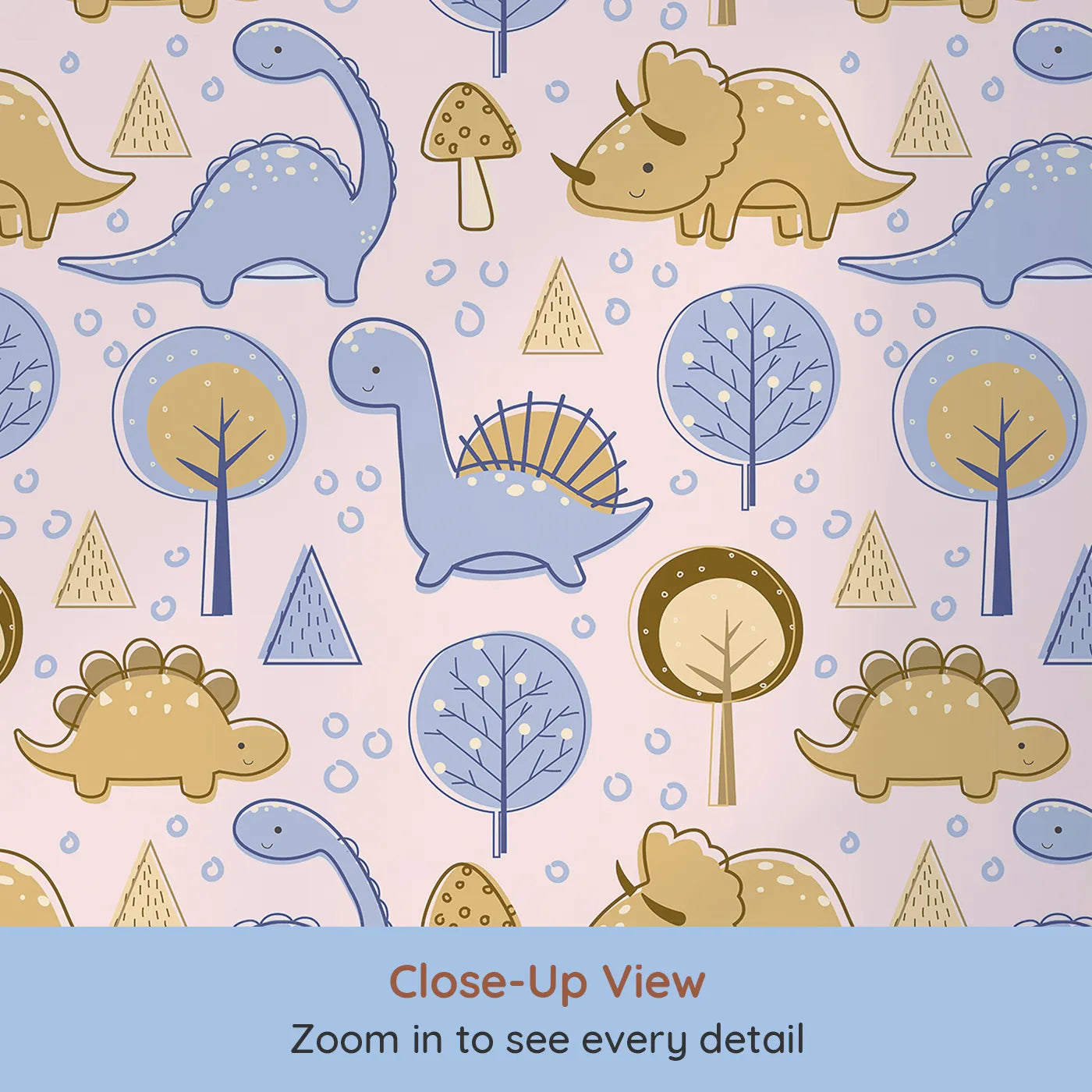 Close-up view of Whimsy Tots' Jurassic Forest Friends Wallpaper in Blush Pink (W3077D).Cheerful dinos and trees play across a soft blush pink landscape.