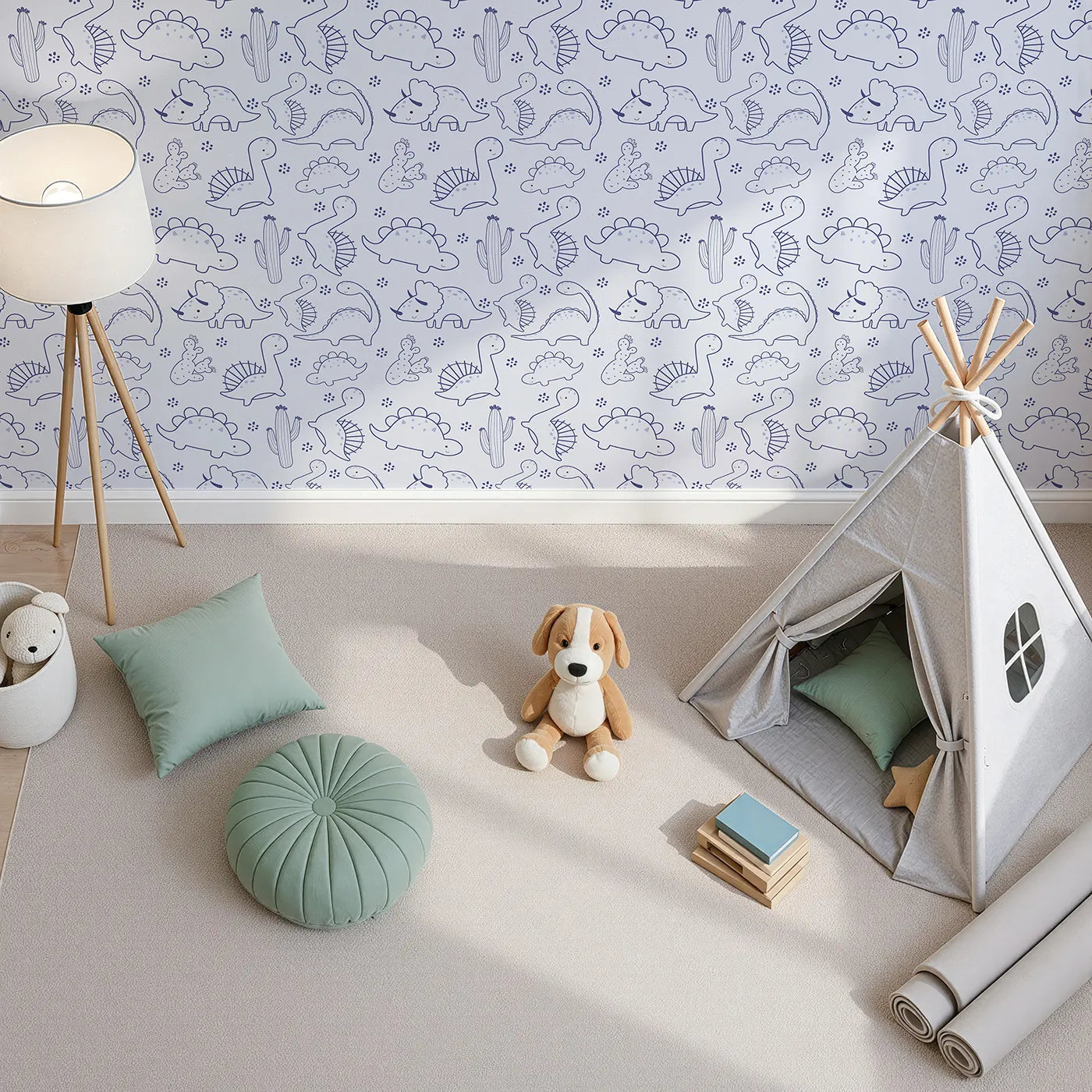 Top-Down view of Whimsy Tots' Desert Dino Parade Wallpaper in Sky Blue (W3078A).Smiling dinosaurs and desert blooms wander across soft blue sands.