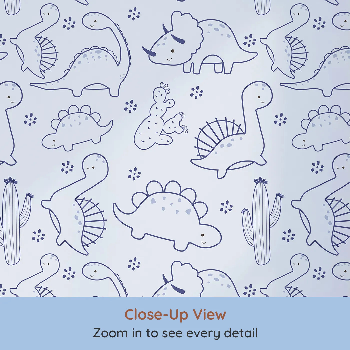 Close-up view of Whimsy Tots' Desert Dino Parade Wallpaper in Sky Blue (W3078A).Smiling dinosaurs and desert blooms wander across soft blue sands.