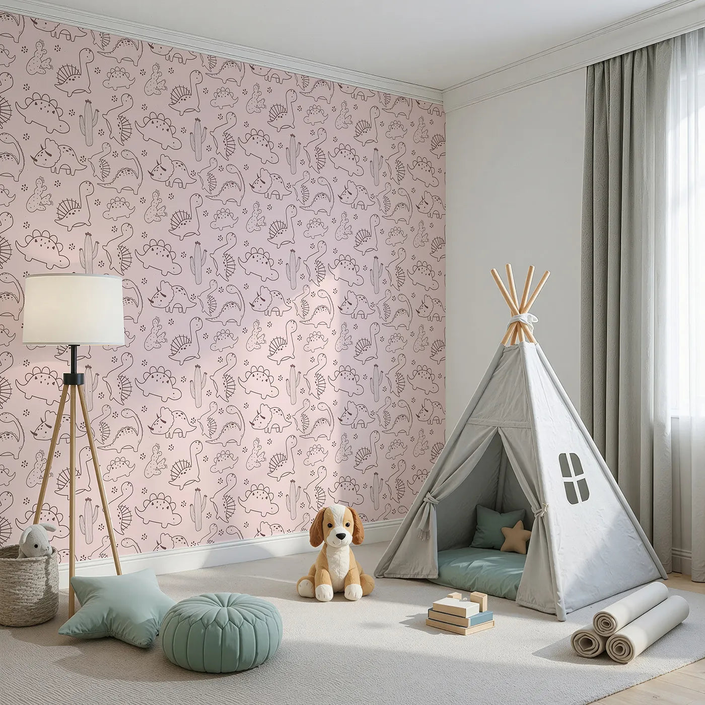 Angled view of Whimsy Tots' Desert Dino Parade Wallpaper in Blush Pink (W3078B).Playful dinos and flowering cacti prance through gentle pink deserts.