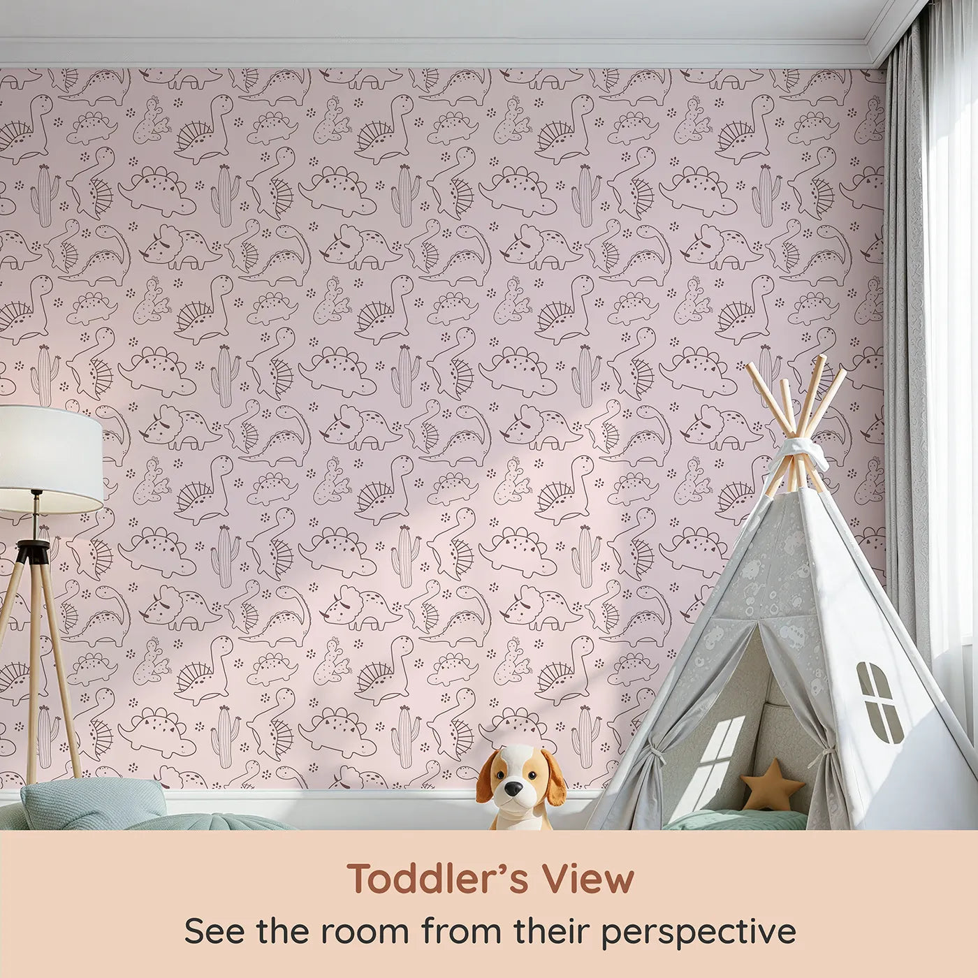 Whimsy Tots Desert Dino Parade Wallpaper in Blush Pink (W3078B) from your child's view.Playful dinos and flowering cacti prance through gentle pink deserts.