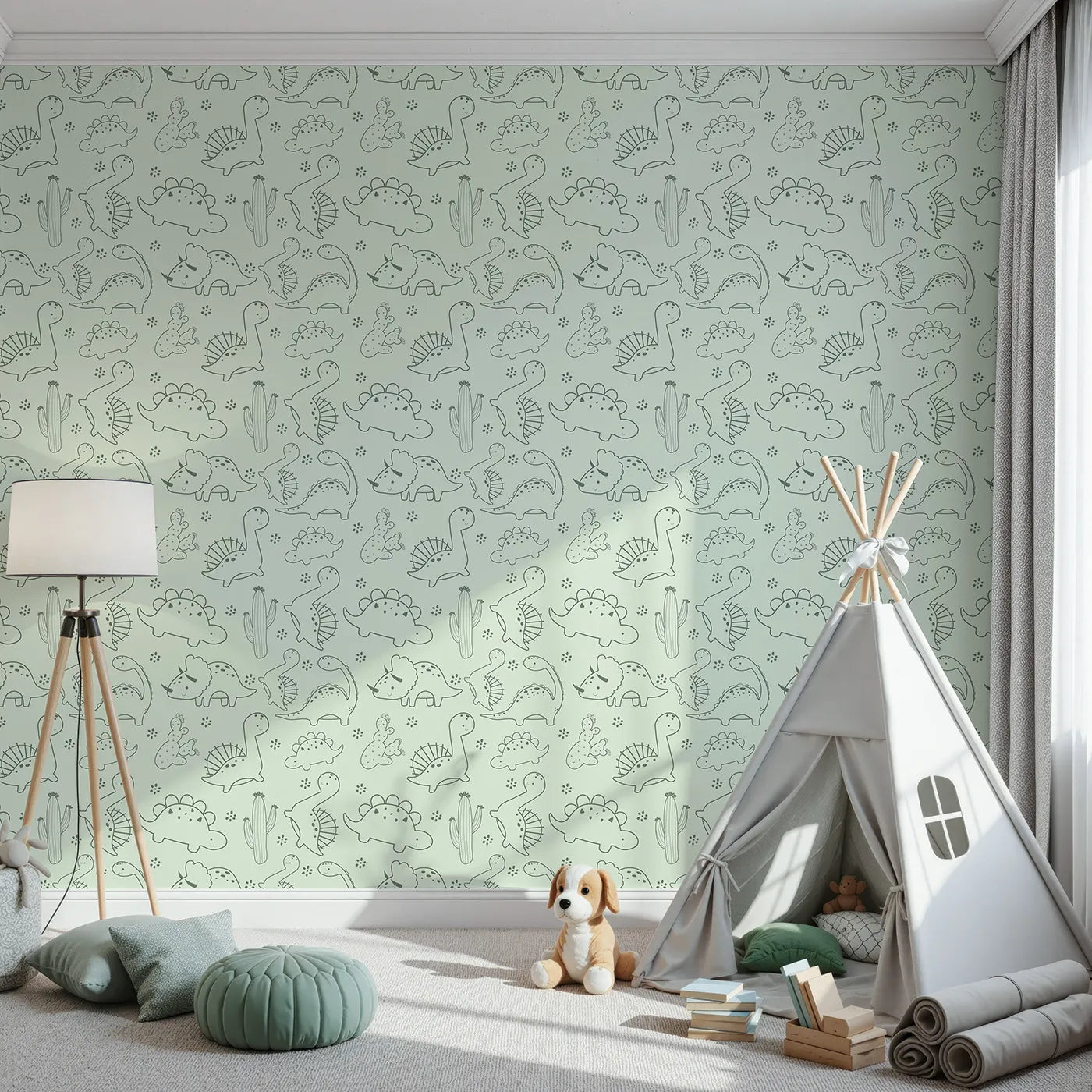 Front view of Whimsy Tots' Desert Dino Parade Wallpaper in Sage Green