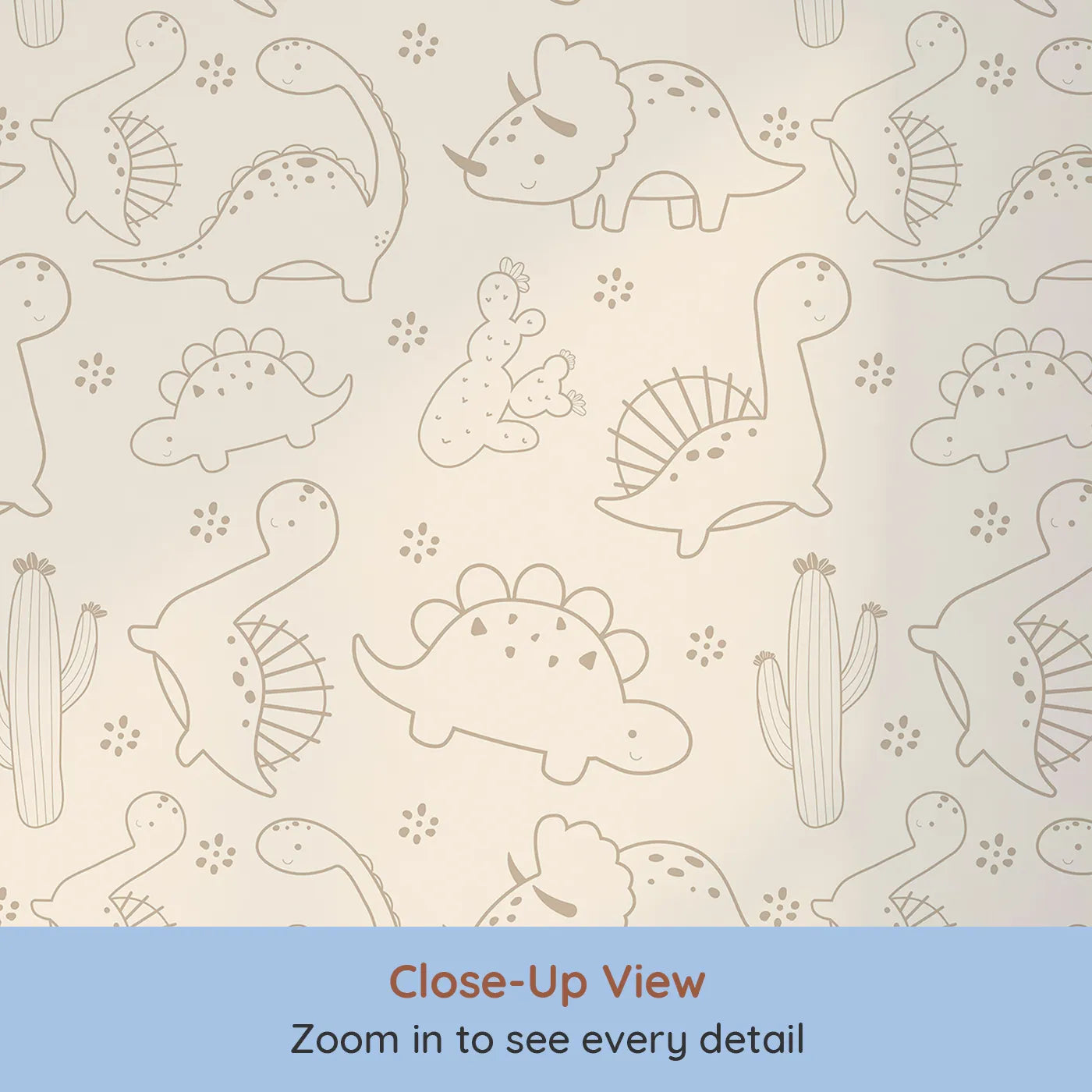 Close-up view of Whimsy Tots' Desert Dino Parade Wallpaper in Sand (W3078D).Cuddly dinos and desert cacti roam across soft sandy plains.
