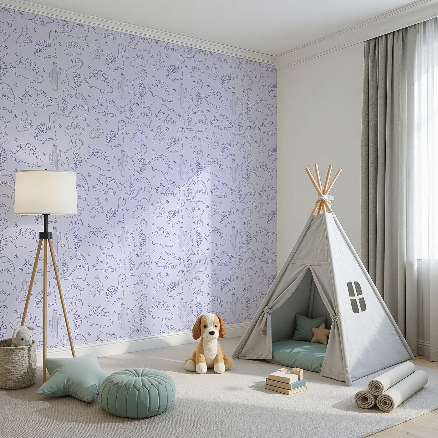 Angled view of Whimsy Tots' Desert Dino Parade Wallpaper in Lavender (W3078E).Smiley dinosaurs and tiny cacti drift across a soft lavender sky.