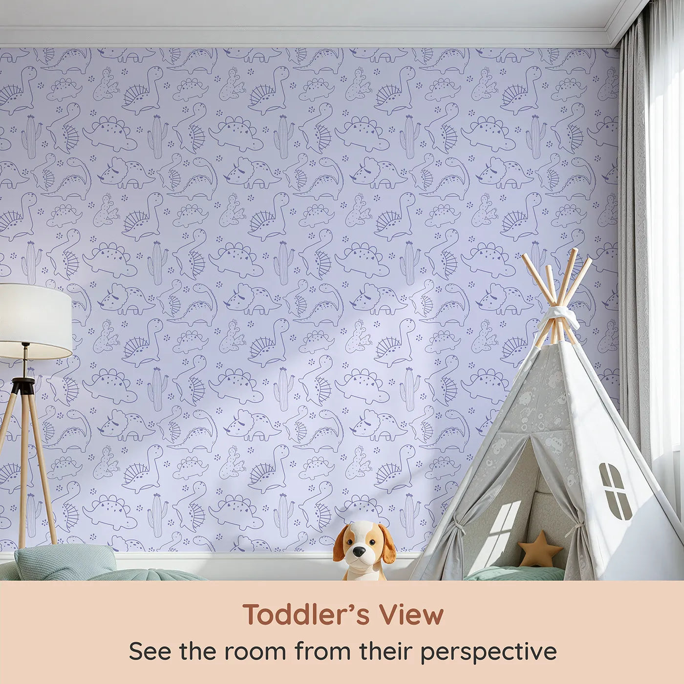 Whimsy Tots Desert Dino Parade Wallpaper in Lavender (W3078E) from your child's view.Smiley dinosaurs and tiny cacti drift across a soft lavender sky.