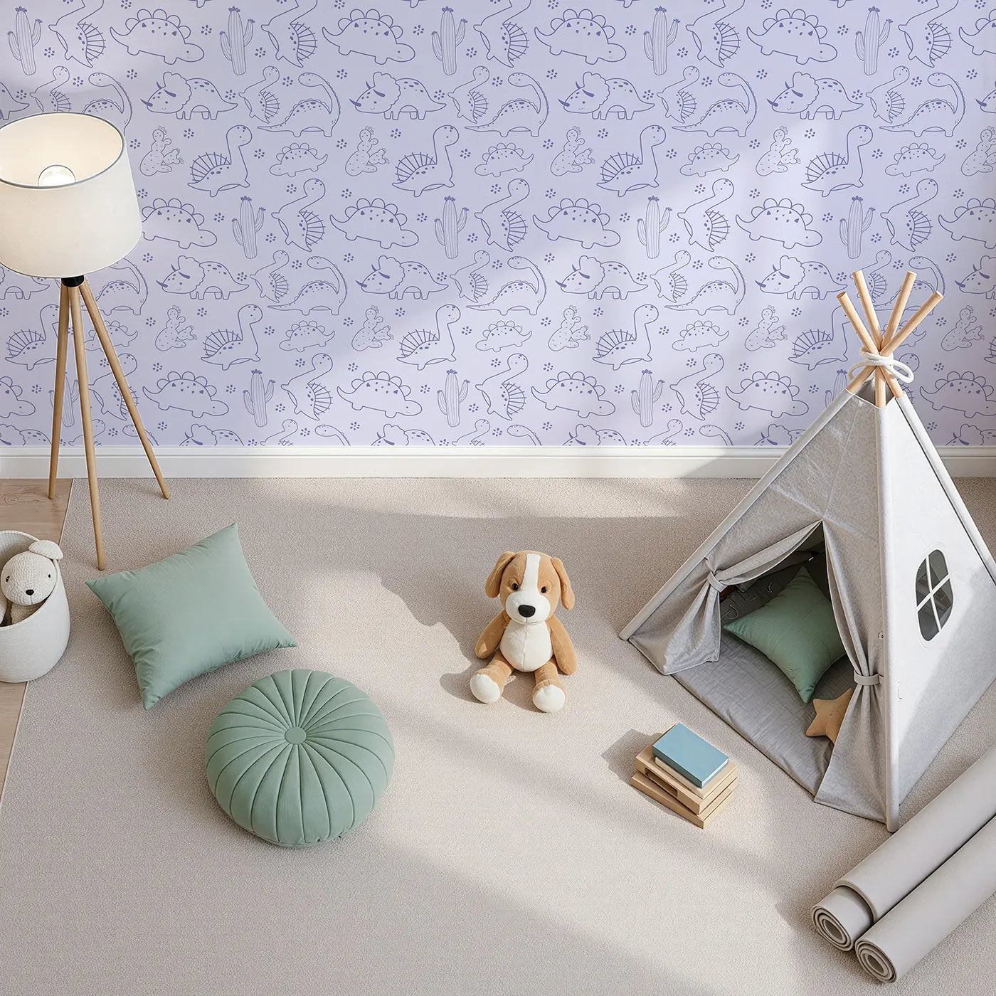 Top-Down view of Whimsy Tots' Desert Dino Parade Wallpaper in Lavender (W3078E).Smiley dinosaurs and tiny cacti drift across a soft lavender sky.