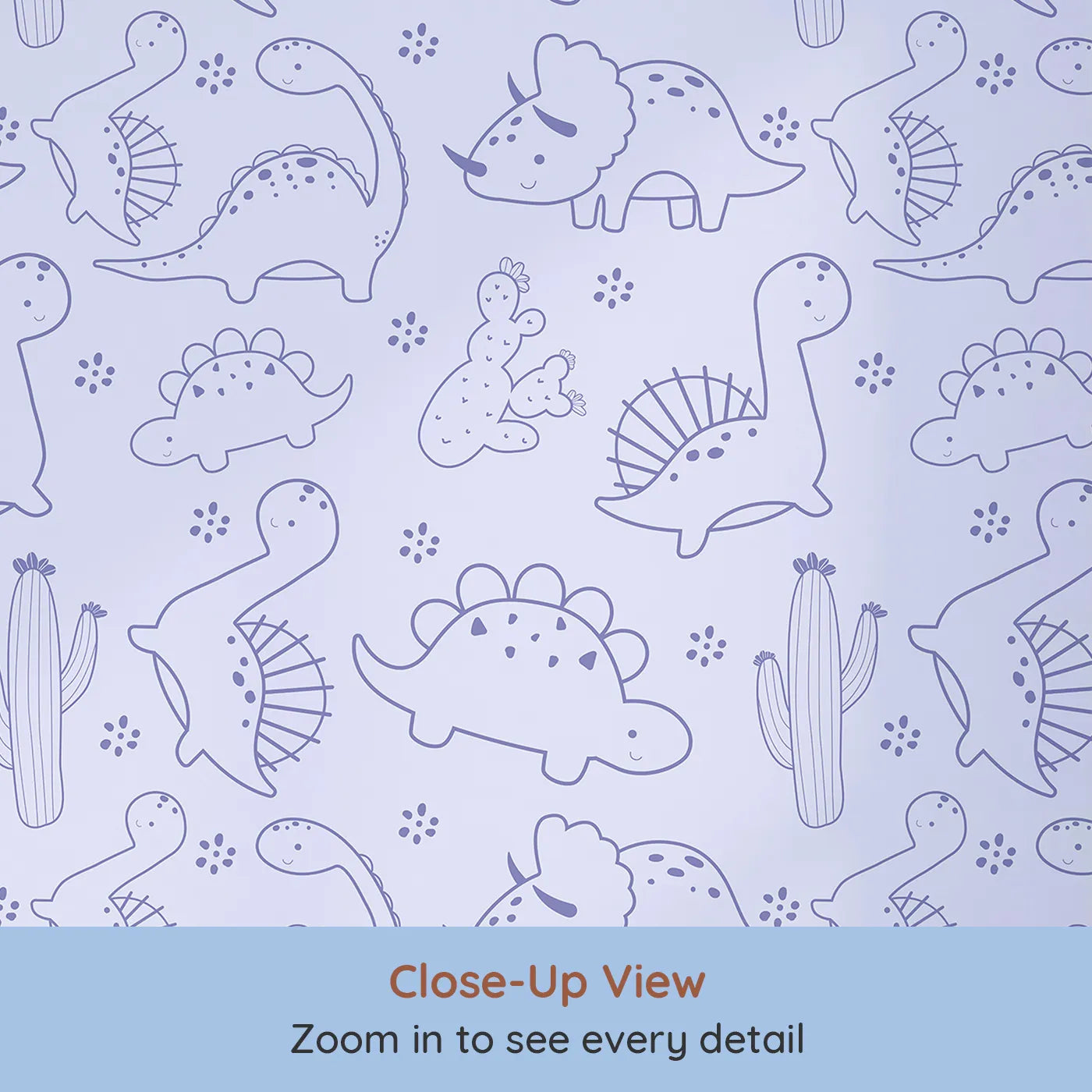Close-up view of Whimsy Tots' Desert Dino Parade Wallpaper in Lavender (W3078E).Smiley dinosaurs and tiny cacti drift across a soft lavender sky.