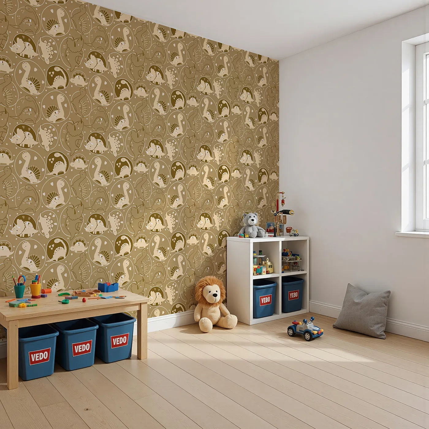 Angled view of Whimsy Tots' Dino Circle Parade Wallpaper in Earth Tones (W3079A).Heart-filled dinos twirl in cozy earth-toned bubbles of joy.