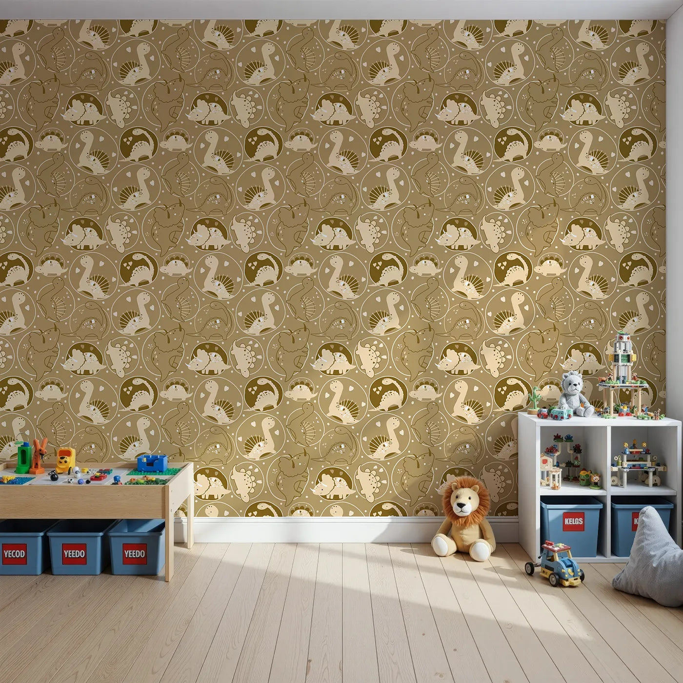 Front view of Whimsy Tots' Dino Circle Parade Wallpaper in Earth Tones