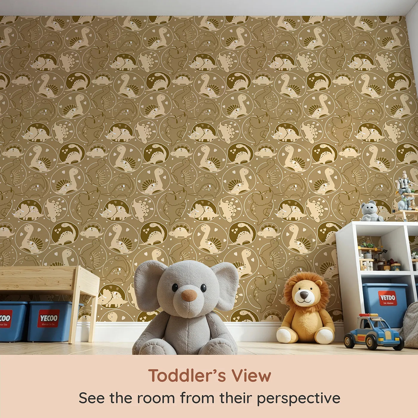 Whimsy Tots Dino Circle Parade Wallpaper in Earth Tones (W3079A) from your child's view.Heart-filled dinos twirl in cozy earth-toned bubbles of joy.