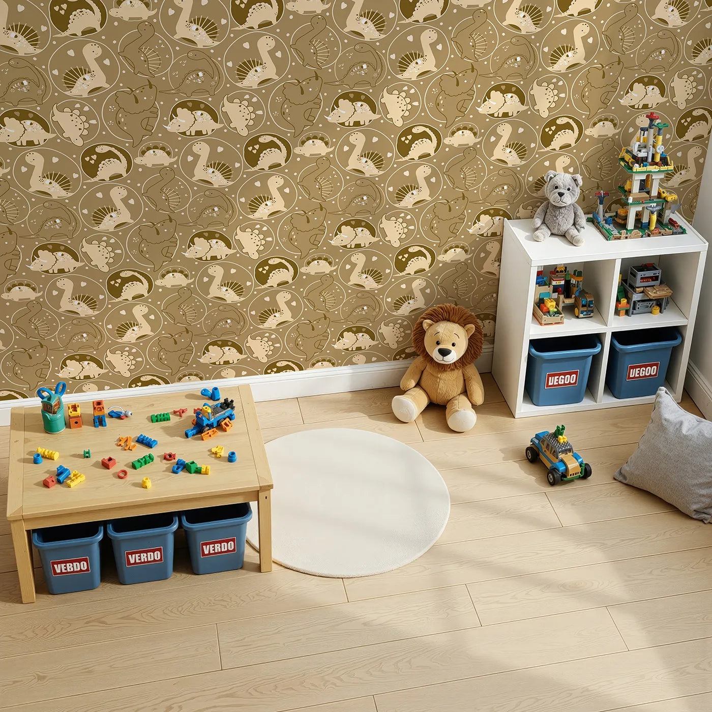 Top-Down view of Whimsy Tots' Dino Circle Parade Wallpaper in Earth Tones (W3079A).Heart-filled dinos twirl in cozy earth-toned bubbles of joy.