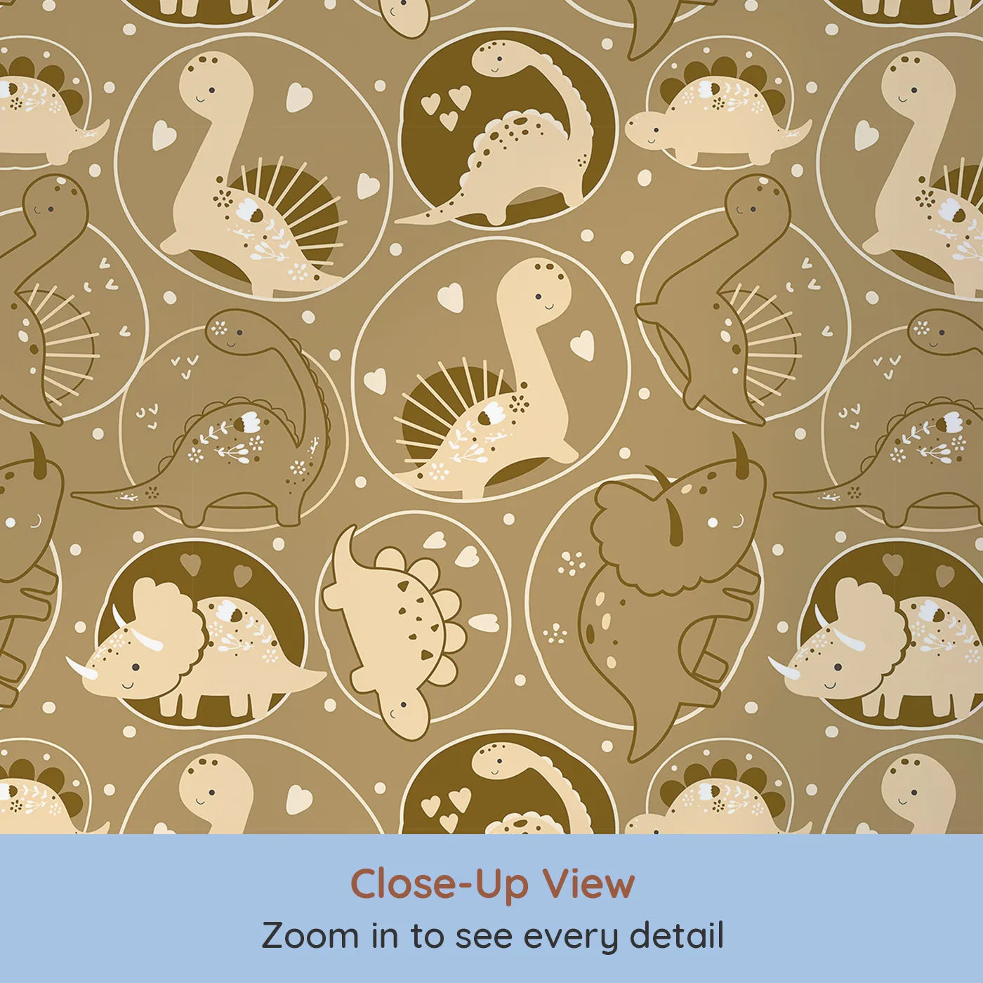 Close-up view of Whimsy Tots' Dino Circle Parade Wallpaper in Earth Tones (W3079A).Heart-filled dinos twirl in cozy earth-toned bubbles of joy.