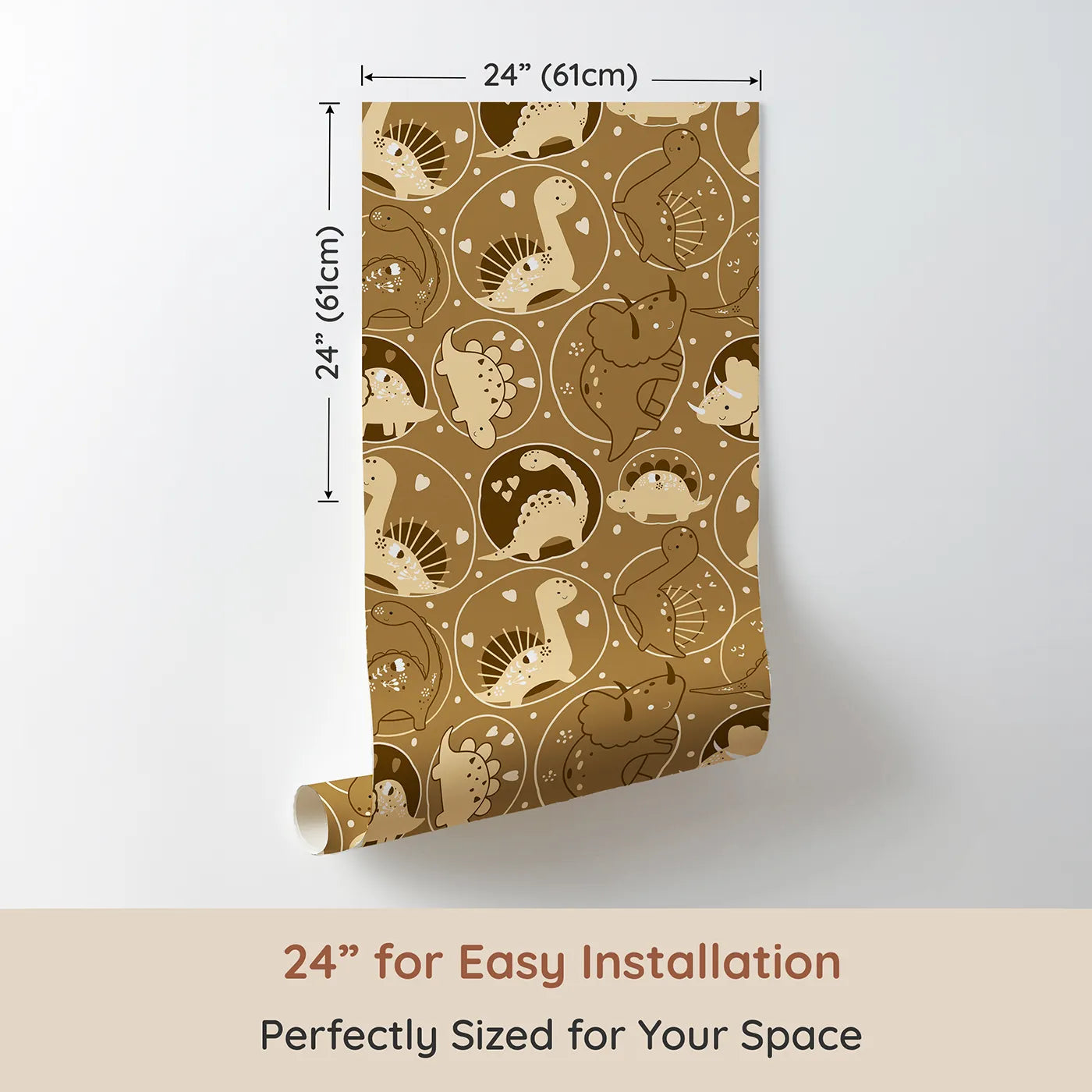 Dimension view of Whimsy Tots Dino Circle Parade Wallpaper in Earth Tones (W3079A). Printed in 24-inch-wide panel for easy installation. Heart-filled dinos twirl in cozy earth-toned bubbles of joy.