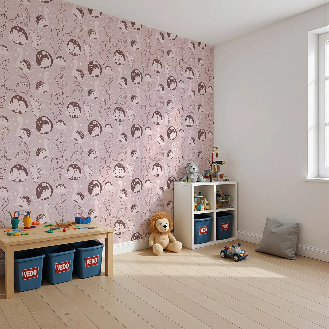 Angled view of Whimsy Tots' Dino Circle Parade Wallpaper in Blush Pink (W3079B).Sweet pink dinosaurs twirl in hearts and blossoms across a soft rosey field.