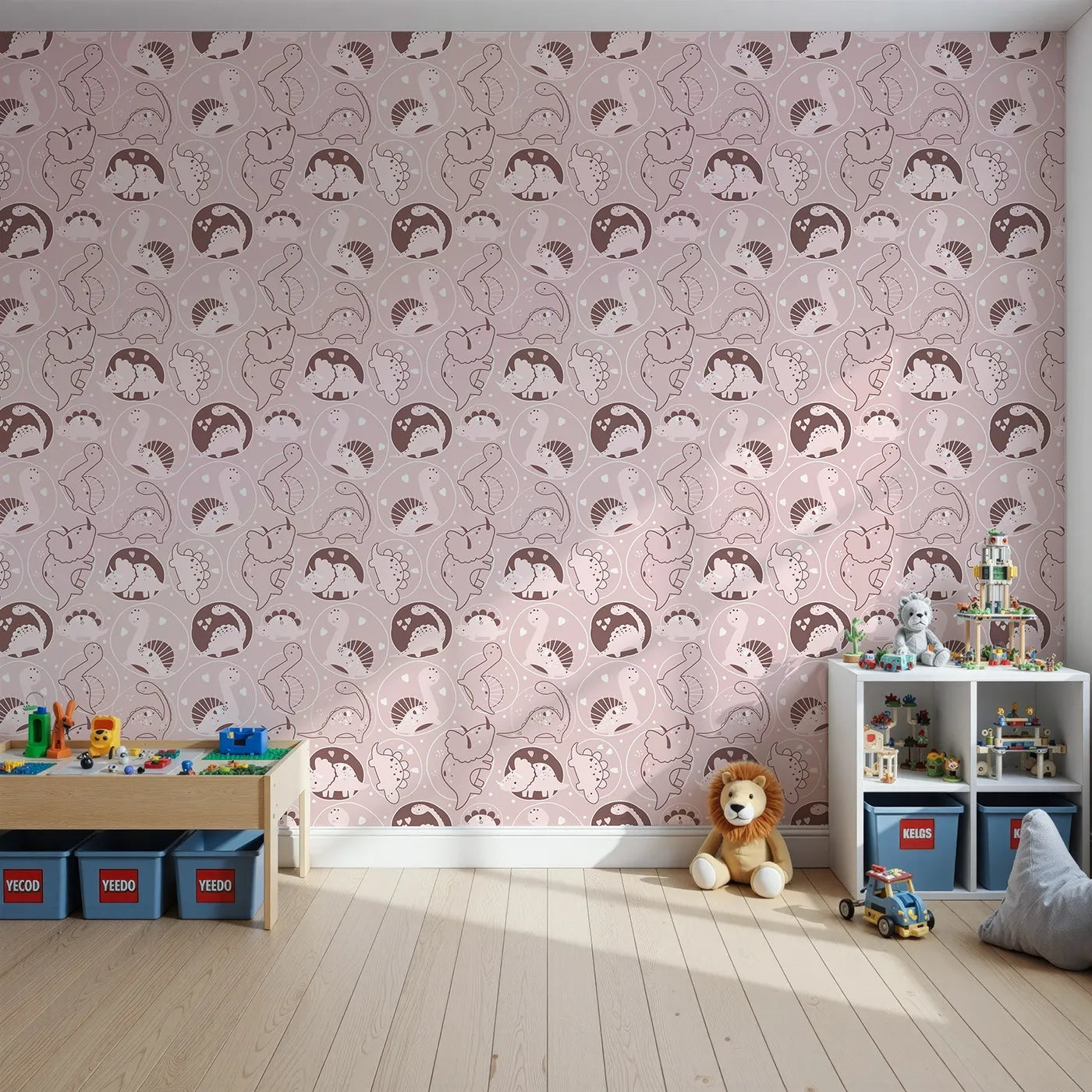Front view of Whimsy Tots' Dino Circle Parade Wallpaper in Blush Pink