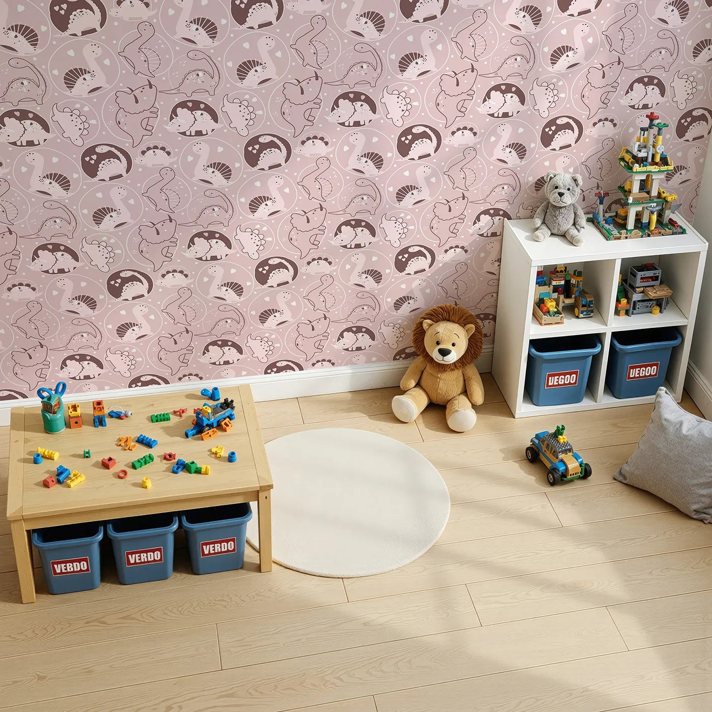 Top-Down view of Whimsy Tots' Dino Circle Parade Wallpaper in Blush Pink (W3079B).Sweet pink dinosaurs twirl in hearts and blossoms across a soft rosey field.