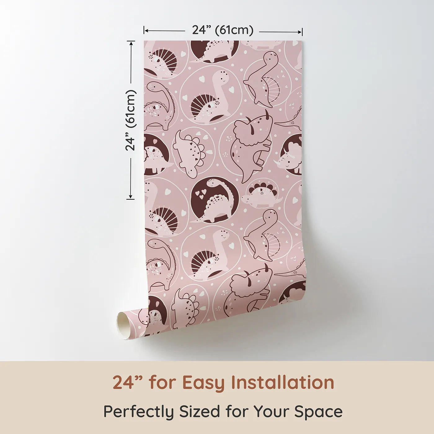 Dimension view of Whimsy Tots Dino Circle Parade Wallpaper in Blush Pink (W3079B). Printed in 24-inch-wide panel for easy installation. Sweet pink dinosaurs twirl in hearts and blossoms across a soft rosey field.