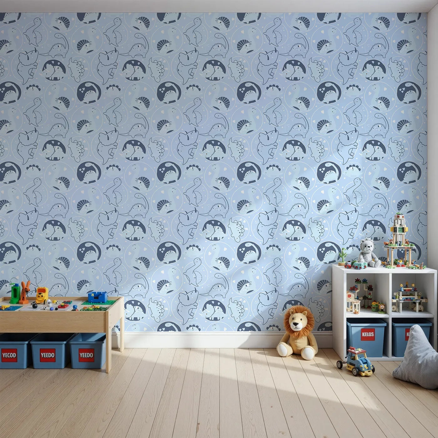 Front view of Whimsy Tots' Dino Circle Parade Wallpaper in Sky Blue
