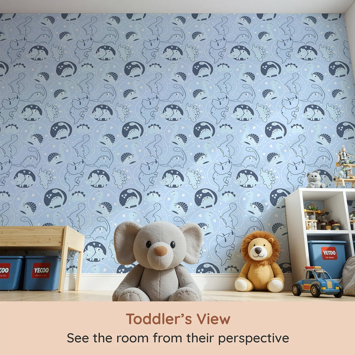 Whimsy Tots Dino Circle Parade Wallpaper in Sky Blue (W3079C) from your child's view.Playful dinos dance through soft sky blues and cuddly heart-filled circles.