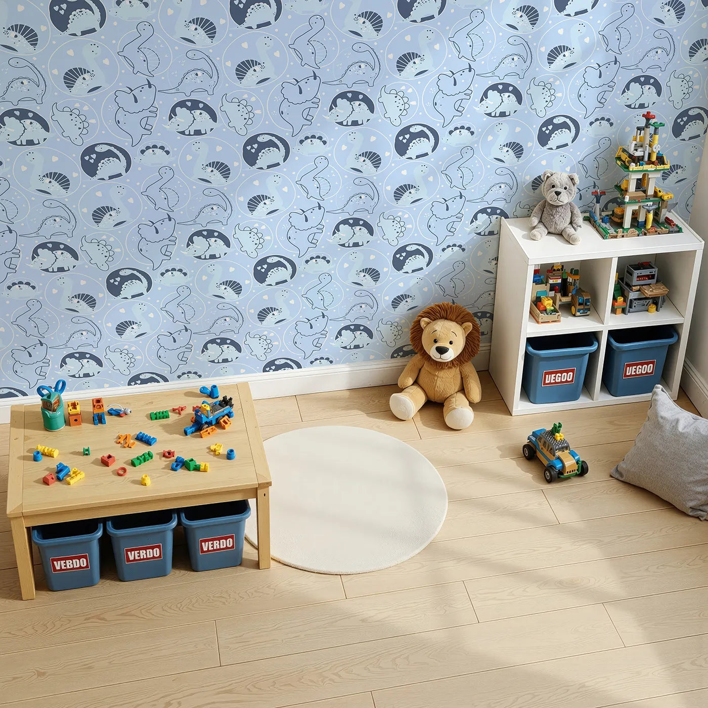 Top-Down view of Whimsy Tots' Dino Circle Parade Wallpaper in Sky Blue (W3079C).Playful dinos dance through soft sky blues and cuddly heart-filled circles.