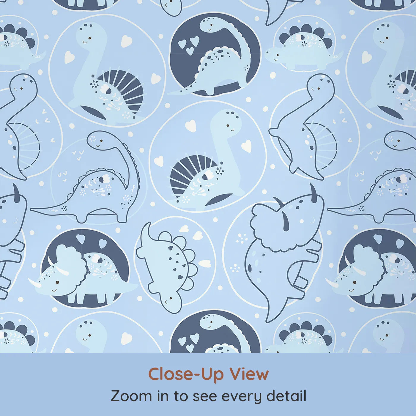 Close-up view of Whimsy Tots' Dino Circle Parade Wallpaper in Sky Blue (W3079C).Playful dinos dance through soft sky blues and cuddly heart-filled circles.