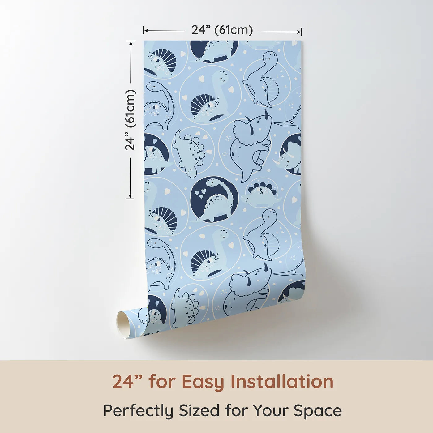 Dimension view of Whimsy Tots Dino Circle Parade Wallpaper in Sky Blue (W3079C). Printed in 24-inch-wide panel for easy installation. Playful dinos dance through soft sky blues and cuddly heart-filled circles.