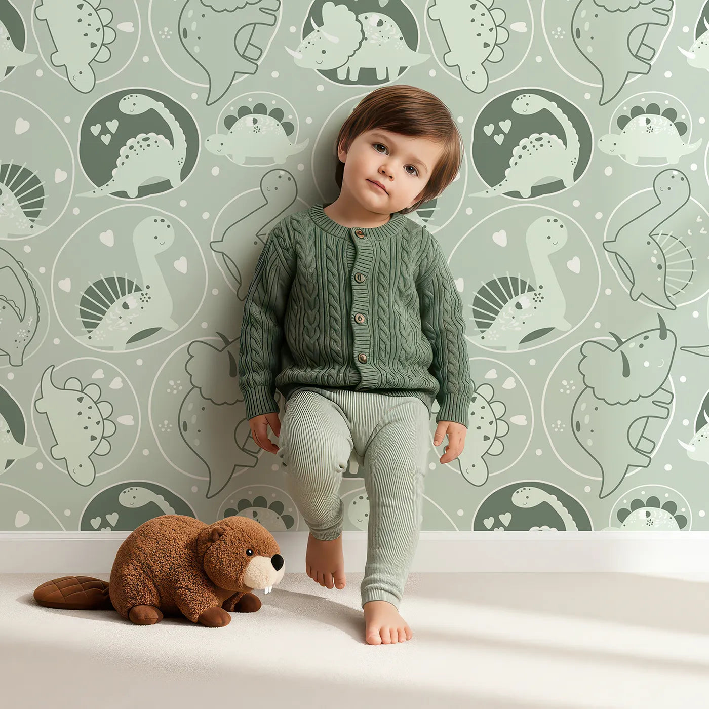 Lovely child standing in front of Whimsy Tots Dino Circle Parade Wallpaper in Sage Green with dinosaur, flower, heart, circle in design.