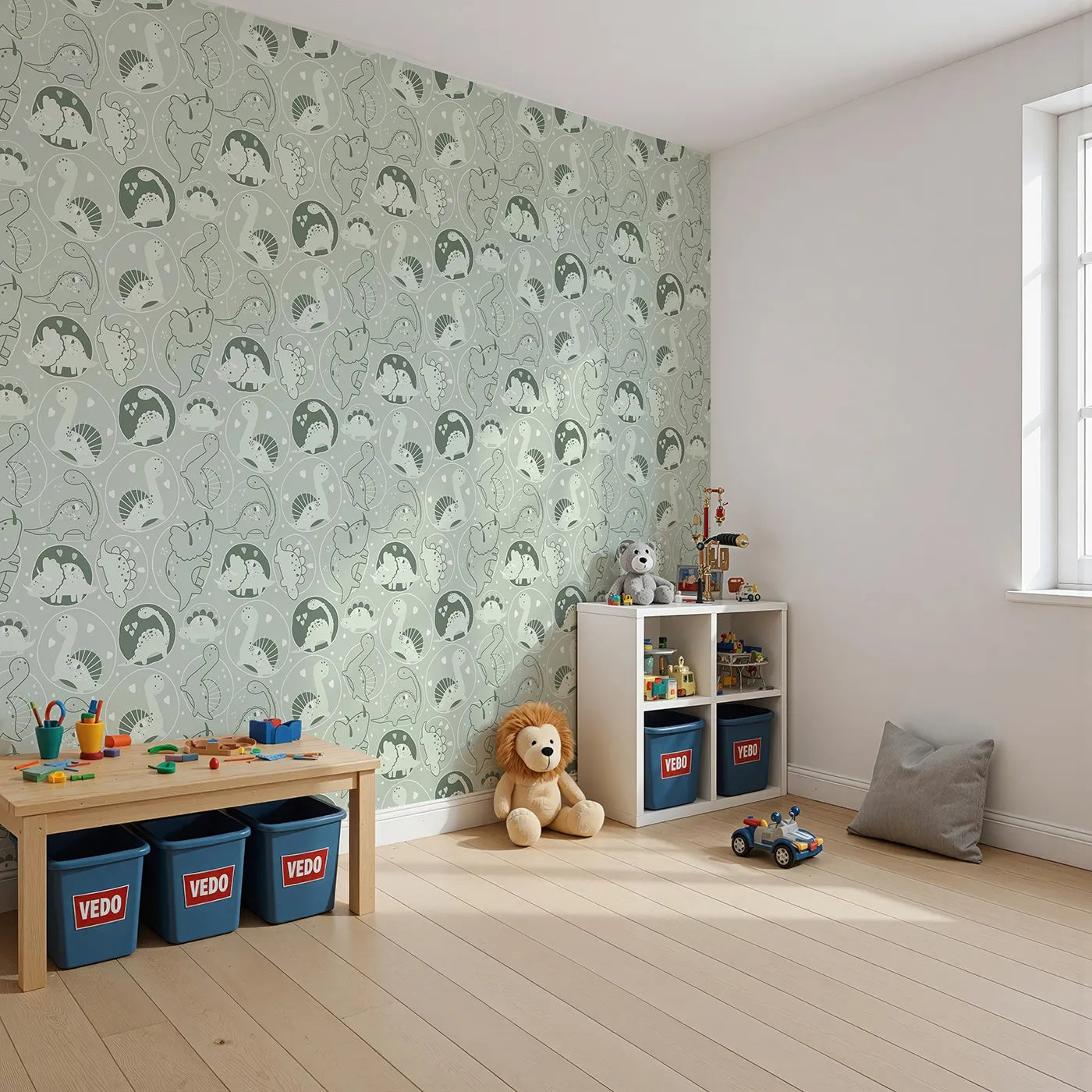 Angled view of Whimsy Tots' Dino Circle Parade Wallpaper in Sage Green (W3079D).Friendly dinosaurs bloom inside cozy green circles of love.